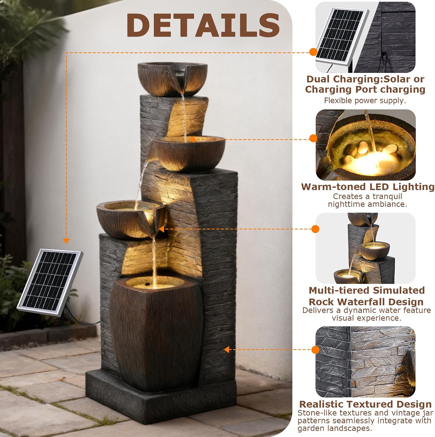 38.2' Tall Solar Water Fountain Outdoor Garden,4 Tiers Modern Cascading Bowls and Stacked Stones Solar Powered Fountains with LED Lights for Garden, Patio, Deck, Porch, Backyard, Lawns