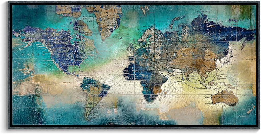 Pogusmavi World Map Wall Art for Living Room - Large Framed World Maps for Wall, Green Abstract Canvas Artwork for Walls, Modern Office Decor, Map Wall Art for Men (Black Framed) 29×58IN