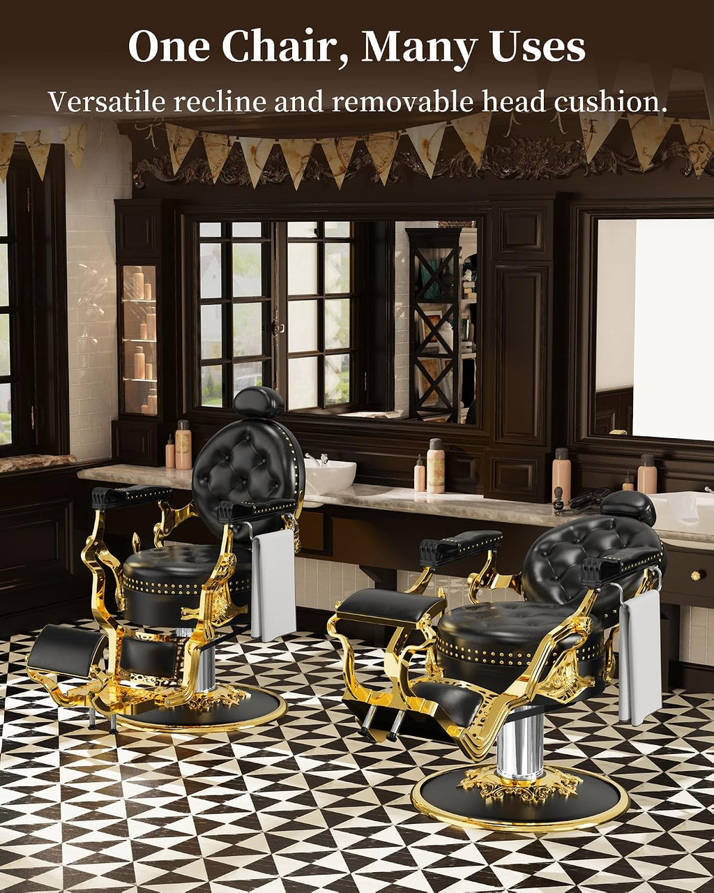 Baasha Black & Gold Retro Barber Chair, Heavy-Duty Reclining Salon Chair with Stylish Rivet Trim, Thick Cushion & Adjustable Headrest, 550 lbs Support