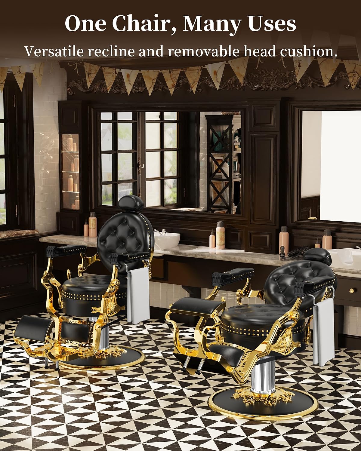 Baasha Black & Gold Retro Barber Chair, Heavy-Duty Reclining Salon Chair with Stylish Rivet Trim, Thick Cushion & Adjustable Headrest, 550 lbs Support