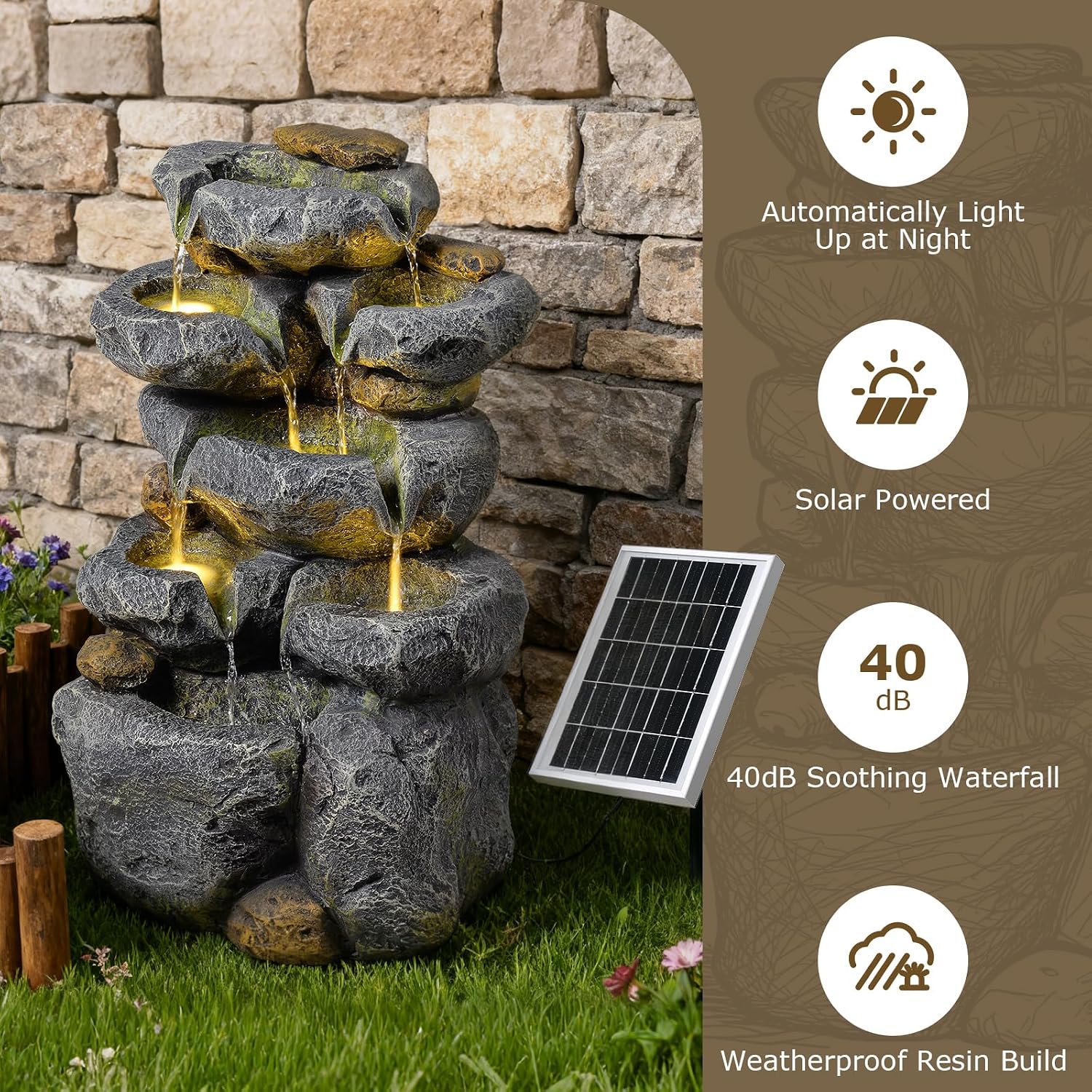 5 Tiered Solar Powered Water Fountain, Solar Water Fountain Outdoor Garden Cascading Rock Water Fall Fountains Outside with Lights for Backyard, Patio, Deck, Porch, 24' H x 13.39' L x 9.6' W