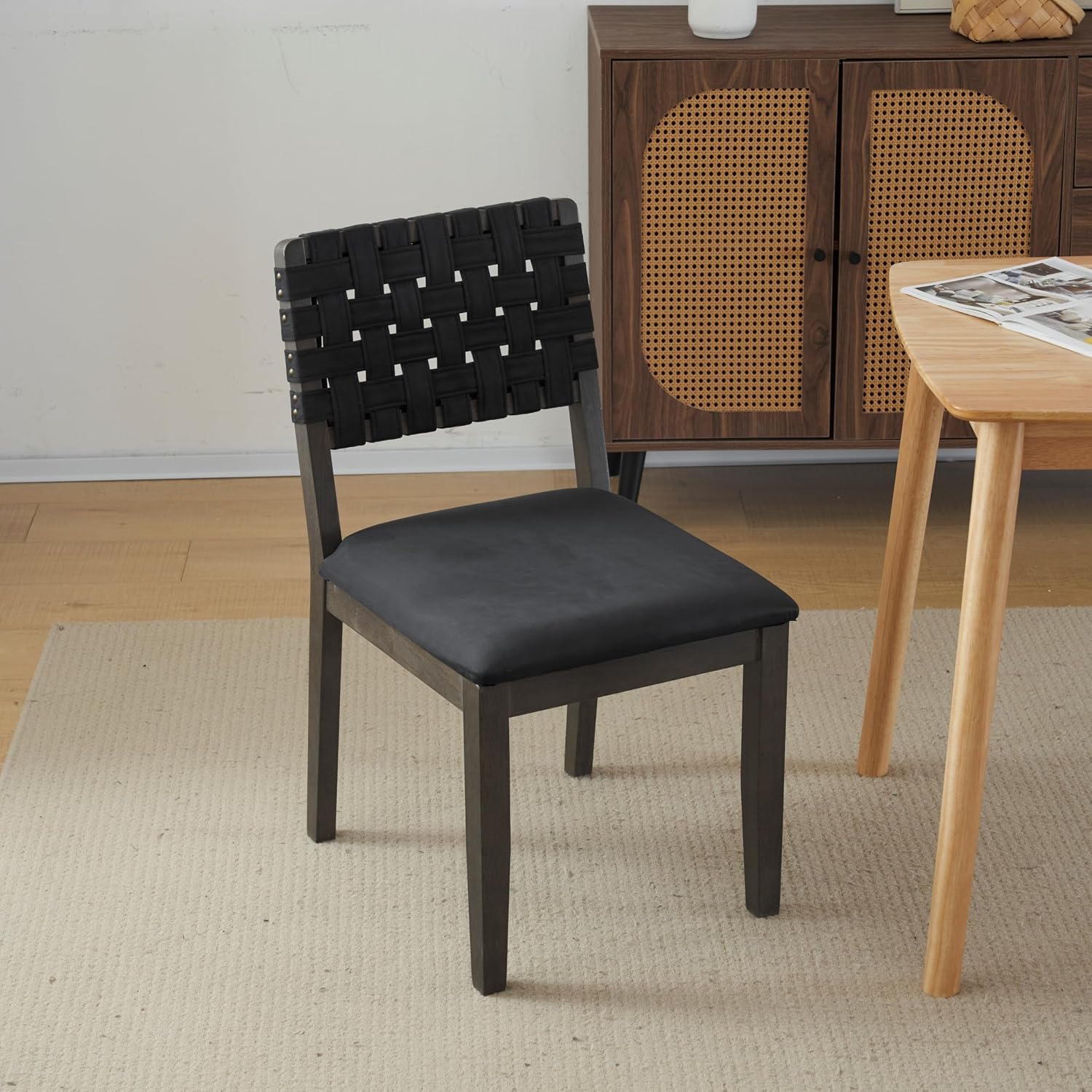VINGLI Black Woven Wooden Dining Chairs Set of 2,Armless Mid Century Modern Desk Chairs with Rivet&Foot Pegs,Upholstered Farmhouse Comfy Chair No Wheels for Dining Room,Living Room,Kitchen,Oak,Suede