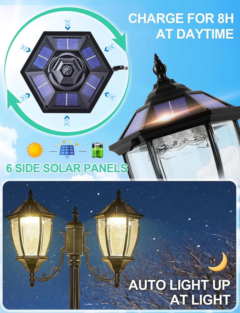 2-Heads Outdoor Solar Lamp Post Lights with Dusk to Dawn Sensor, Classic Exterior Solar Pole Lights with Waterproof, Black Street Lights with Clear Glass for Garden, Patio, Pathway, Driveway