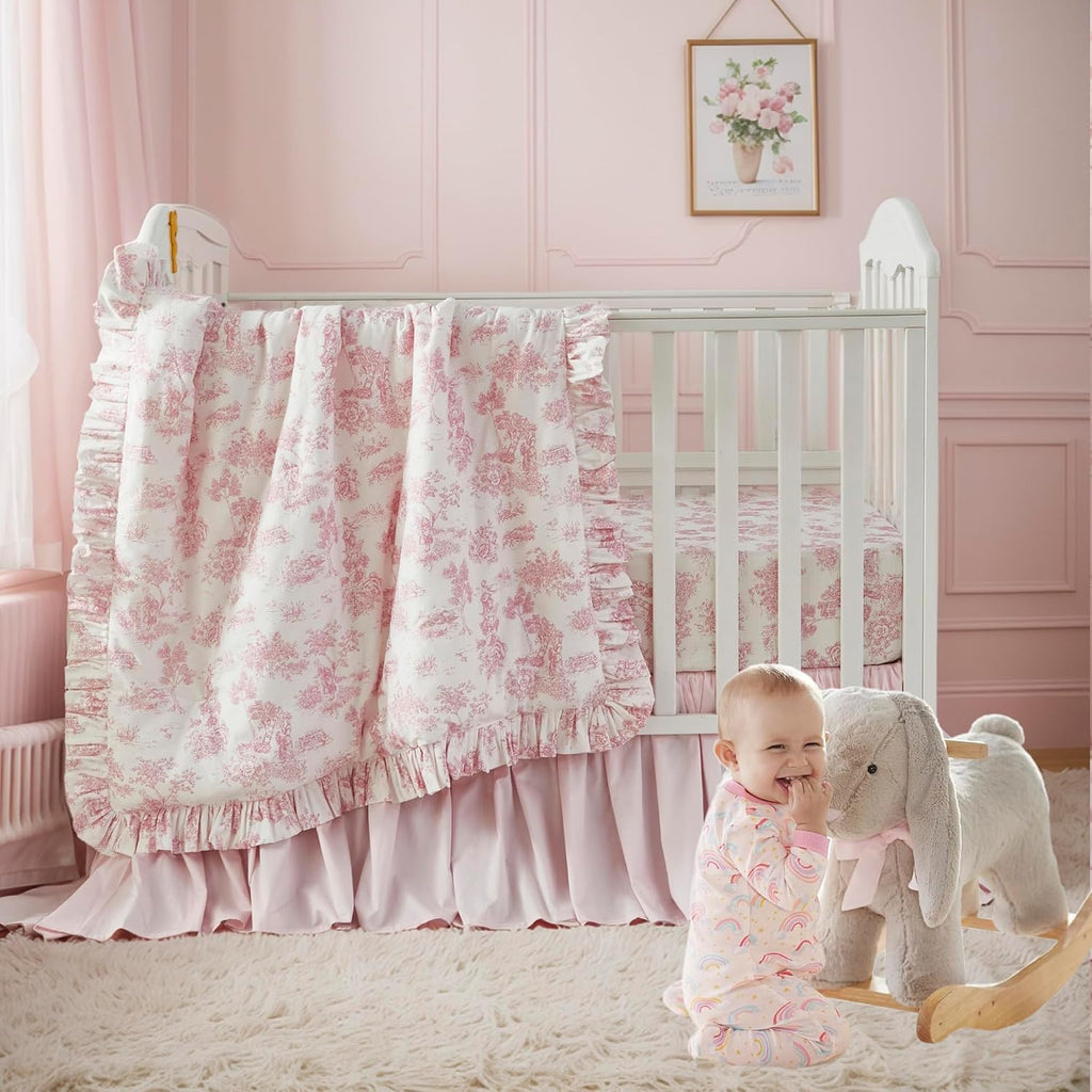 Brandream French Country Toile Crib Bedding Set for Girls Vintage Pink Toile Floral Print 100% Cotton Baby Girl Nursery Bedding Collection - Ruffles Quilt,Toile Crib Sheet,Crib Bed Skirt 3 Pieces