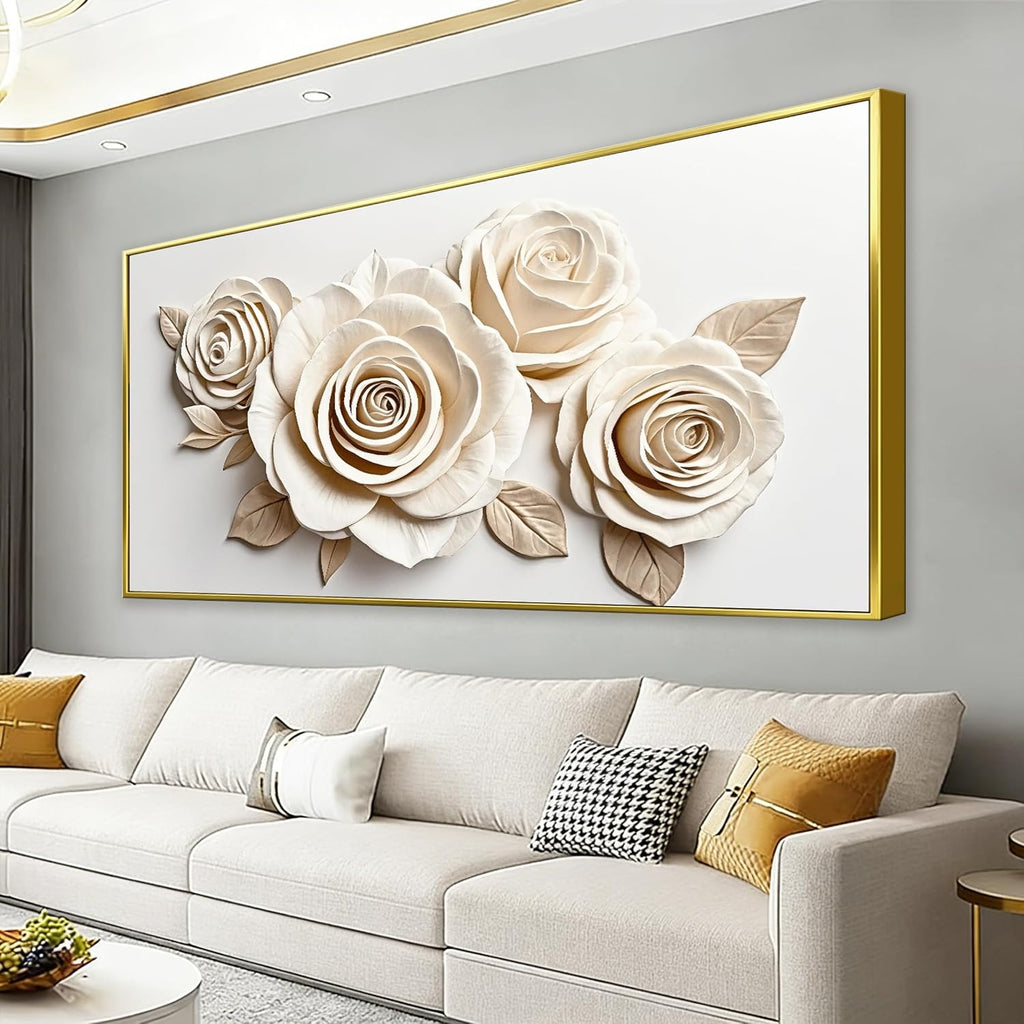 Gold Framed Wall Art Living Room Home Wall Decor Modern Canvas Art Wall Decor 29x58 Inches Large White Flower Wall Art Elegant Picture For Bedroom Hotel Office Artwork