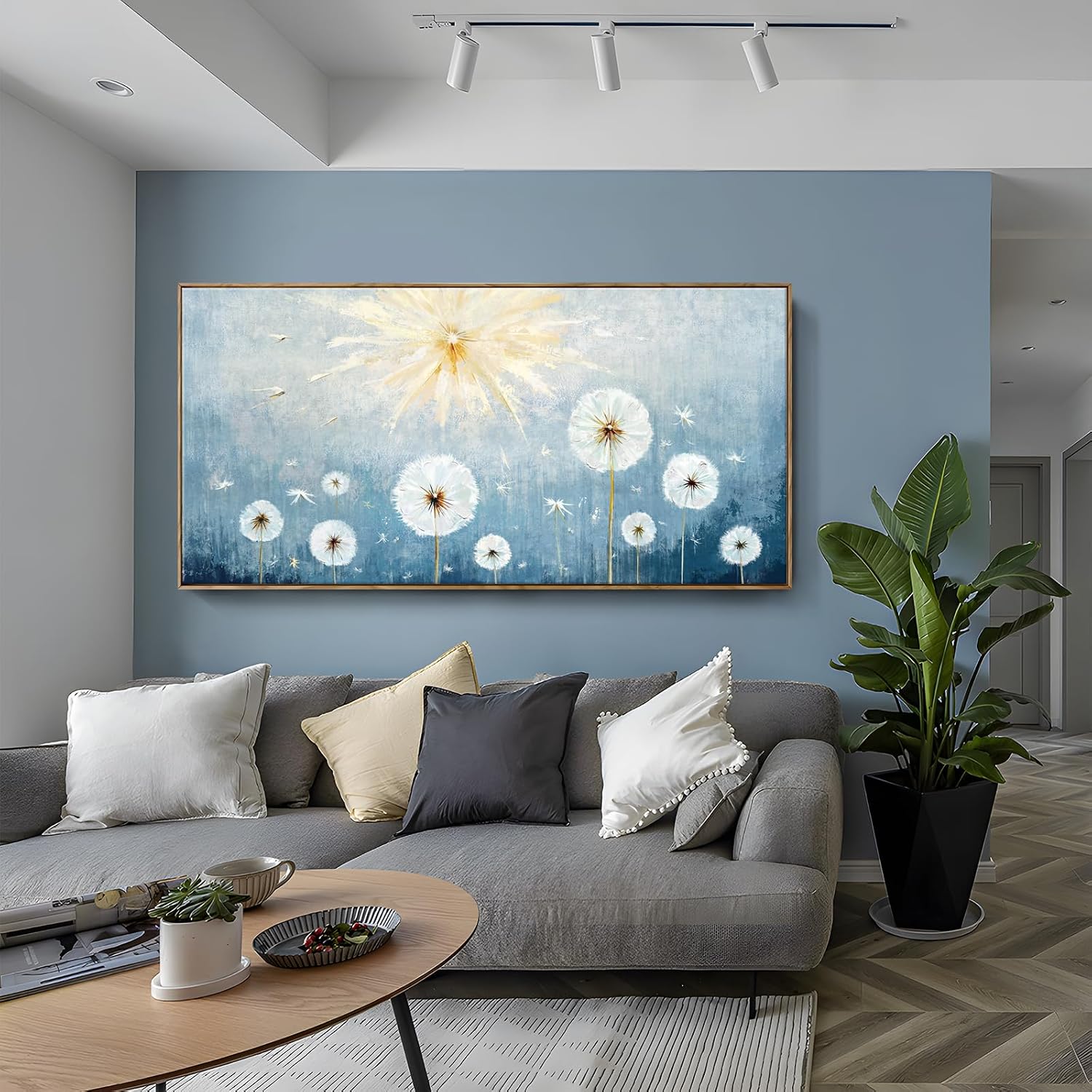 Nicetop Extra Large Framed Artwork for Walls– Giant Blue Floral Wall Picture with Wood Frame Dandelion Flower Plant Canvas Print Landscape Wall Art for Big Living Room,Office or Bedroom, 58x29Inch