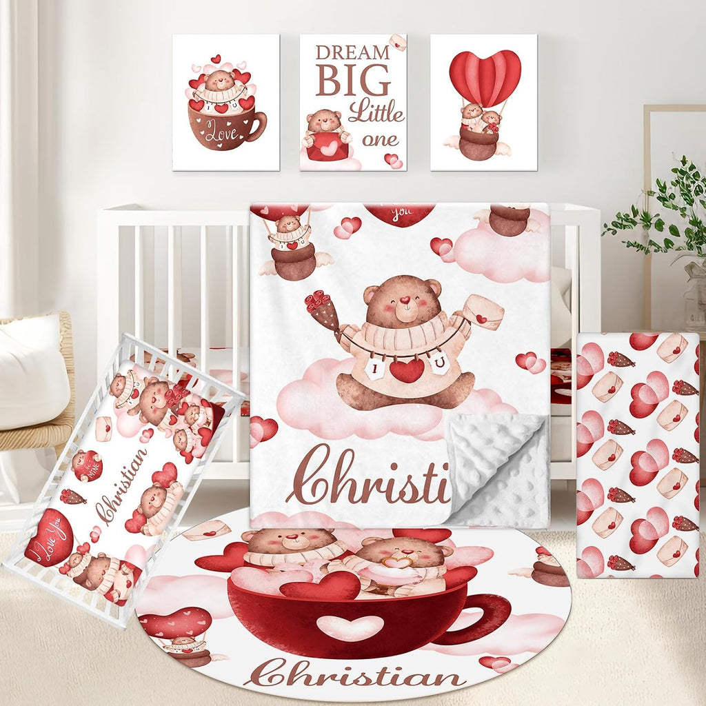 KAINSY Custom Crib Bedding Set 5 Piece for Girls Boys – Personalized Heart Bear Theme, Newborn Sleep Set, Nursery Decor, Toddler Room Essentials, Infant Sleep, Baby Room Accessories, Baby Gift