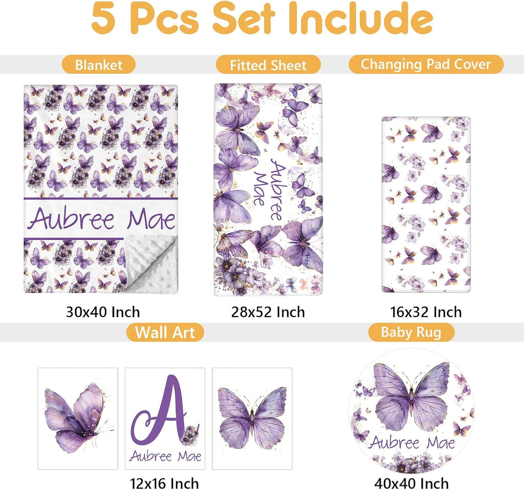 Terwex Personalized Baby Bedding Set, 5 Pcs Custom Toddlers Bedding Set with Infant Name, Soft Double Layer Nursery Crib Set for Girls Boys, Customized Infants Gifts for Baby Shower, Purple Butterfly