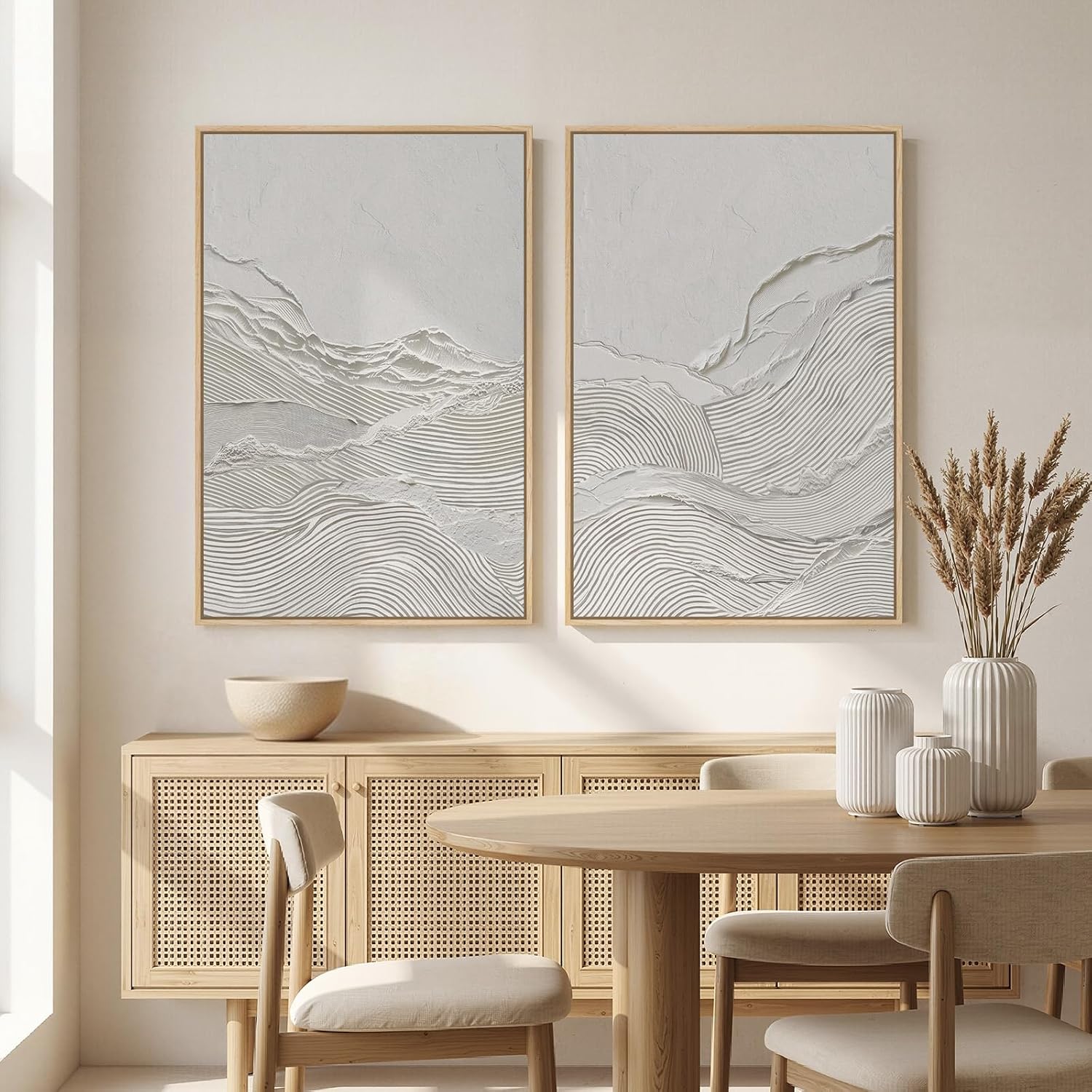 Large Framed White Abstract Wall Art Set of 2 for Living Room, Neutral Minimalist Modern Print Canvas Artwork for Walls, Contemporary Abstract 2D Wall Decor for Bedroom Office Hallway, 24x36 In