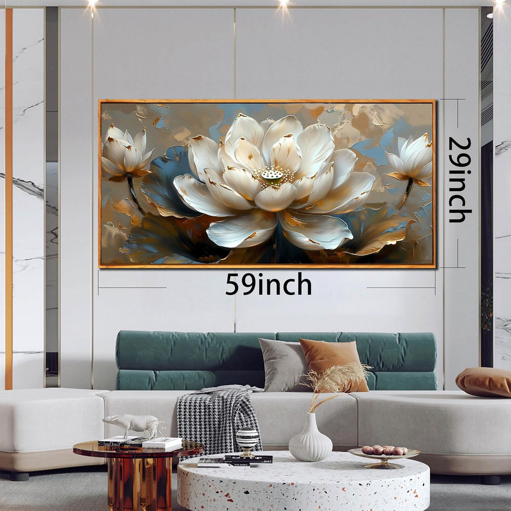 White Lotus Painting Wall Art for Living Room - Gold Flower Wall Decor for Office - Framed Wall Art for Bedroom Size 29' x 59'
