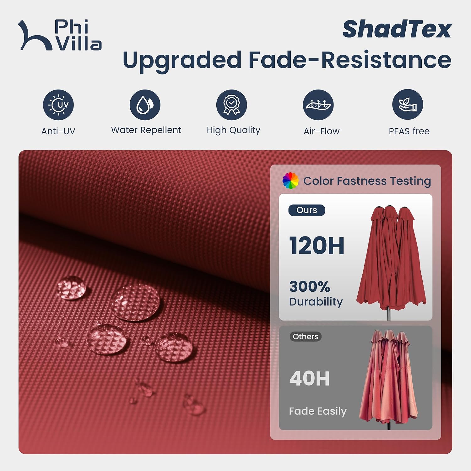 PHI VILLA 13ft Patio Umbrella with Solar-Powered 120 PCS LED Color-Changing Lights, Triple-Head Large Rectangle Umbrella Outdoor Patio for Table with Crank Lift,Dark Red(No Base)