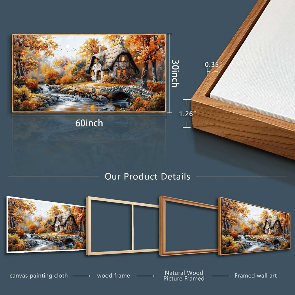 QIYILEXWART Canvas Wall Art For Living Room Large Wall Decor For Office Bedroom Decorations Autumn Cottage River Landscape Pictures Farmhouse Painting Artwork Room Wall Mural Aesthetic Home Decor 30x60 In