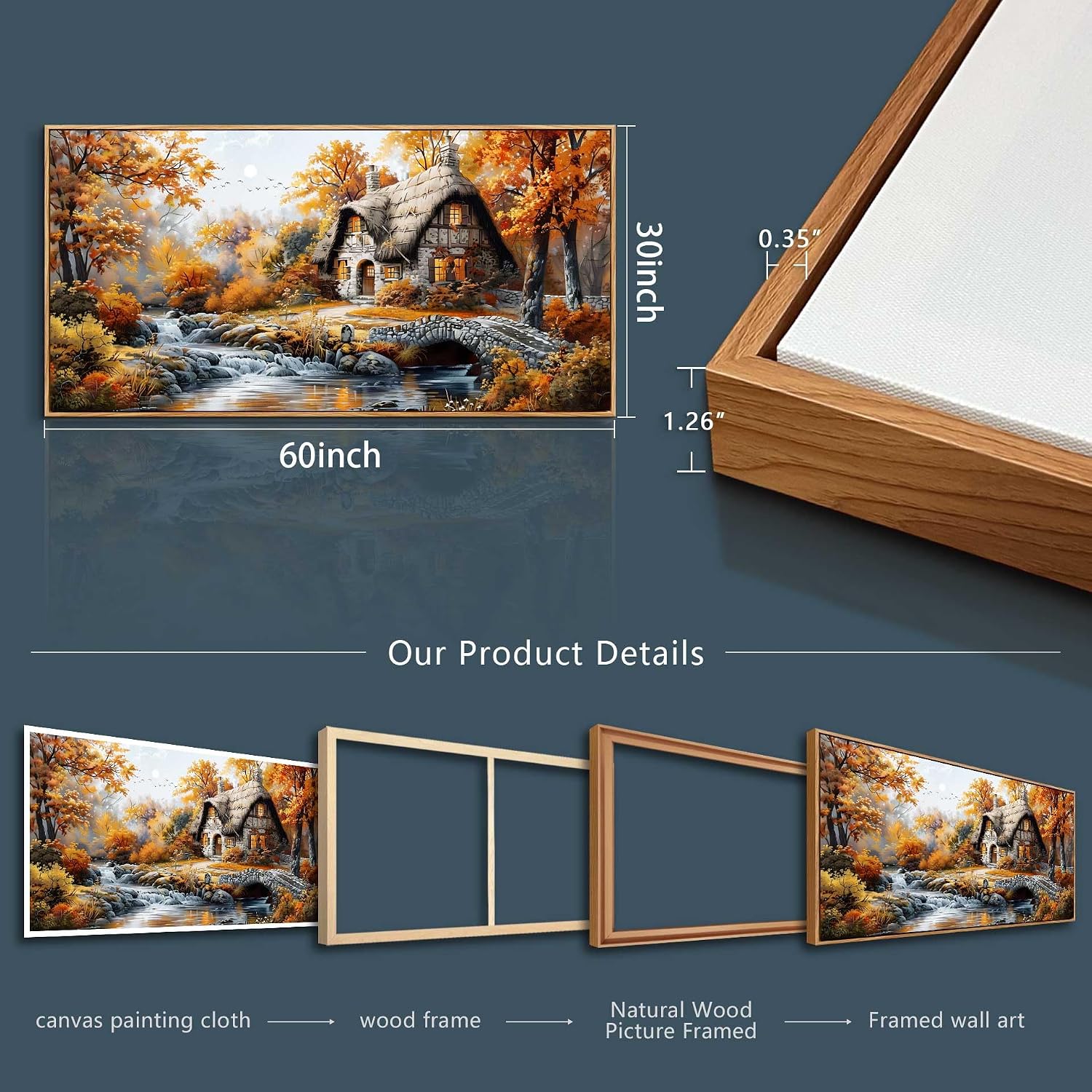 QIYILEXWART Canvas Wall Art For Living Room Large Wall Decor For Office Bedroom Decorations Autumn Cottage River Landscape Pictures Farmhouse Painting Artwork Room Wall Mural Aesthetic Home Decor 30x60 In