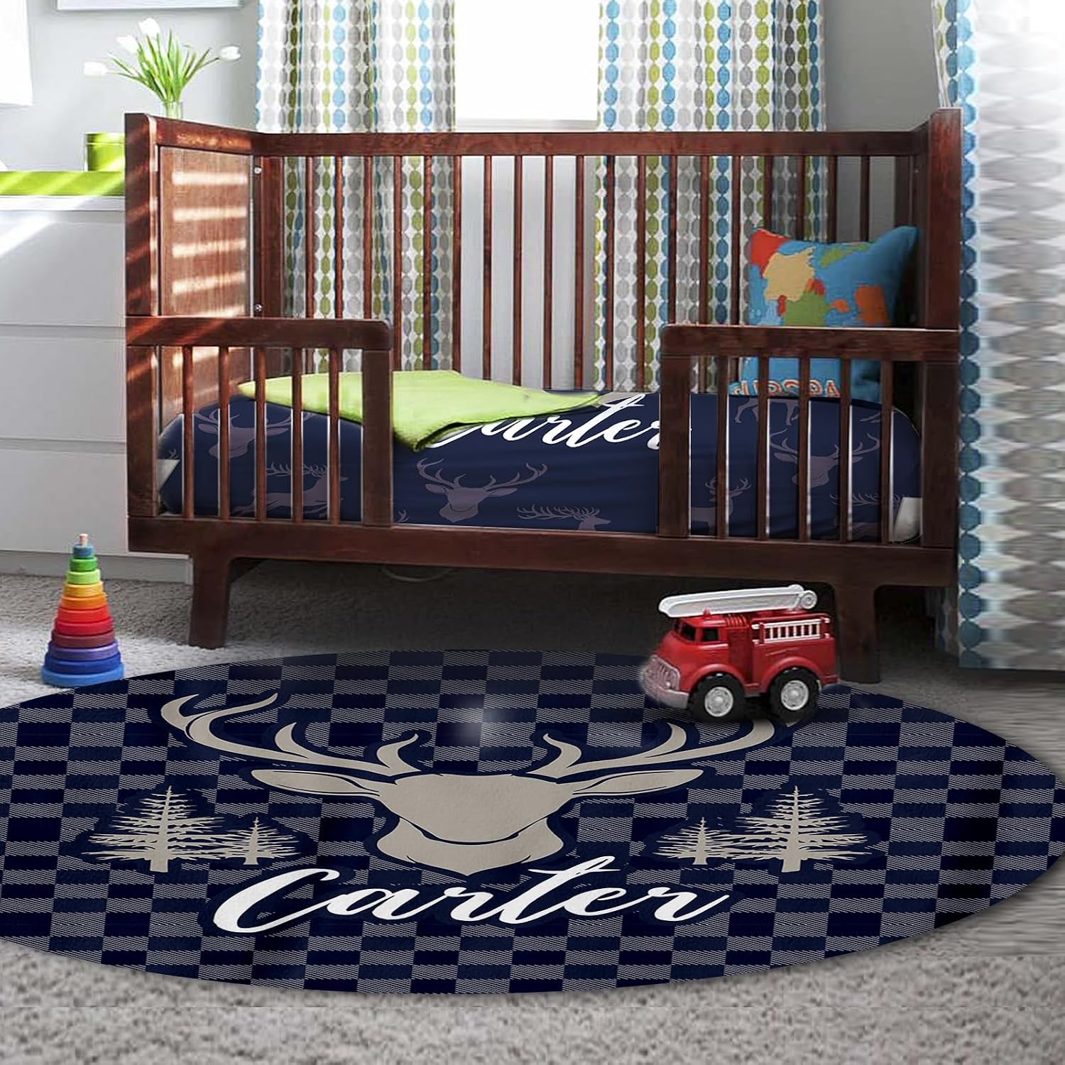 TOOTANN Custom Baby Crib Bedding Set, 5 Pcs Personalized Name Baby Crib Sheets for Kid Toddler Infant, Dark Blue Reindeer Silhouette Nursery Bedding Set