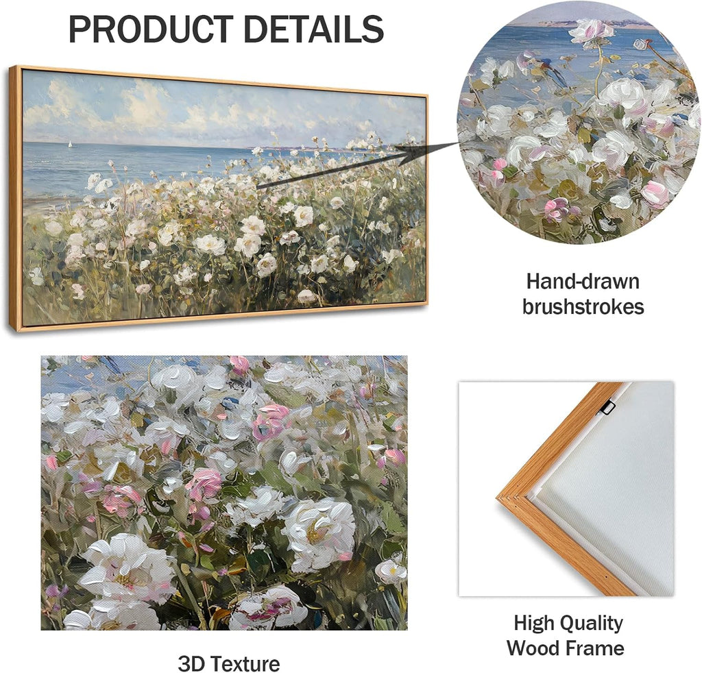 Large Framed Wall Art for Living Room Decor - Farmhouse Beach Coastal Painting Vintage Floral Ocean Wall Picture 3d Textured Flowers Canvas Print Artwork for Home Bedroom Office 24'x48'(Framed