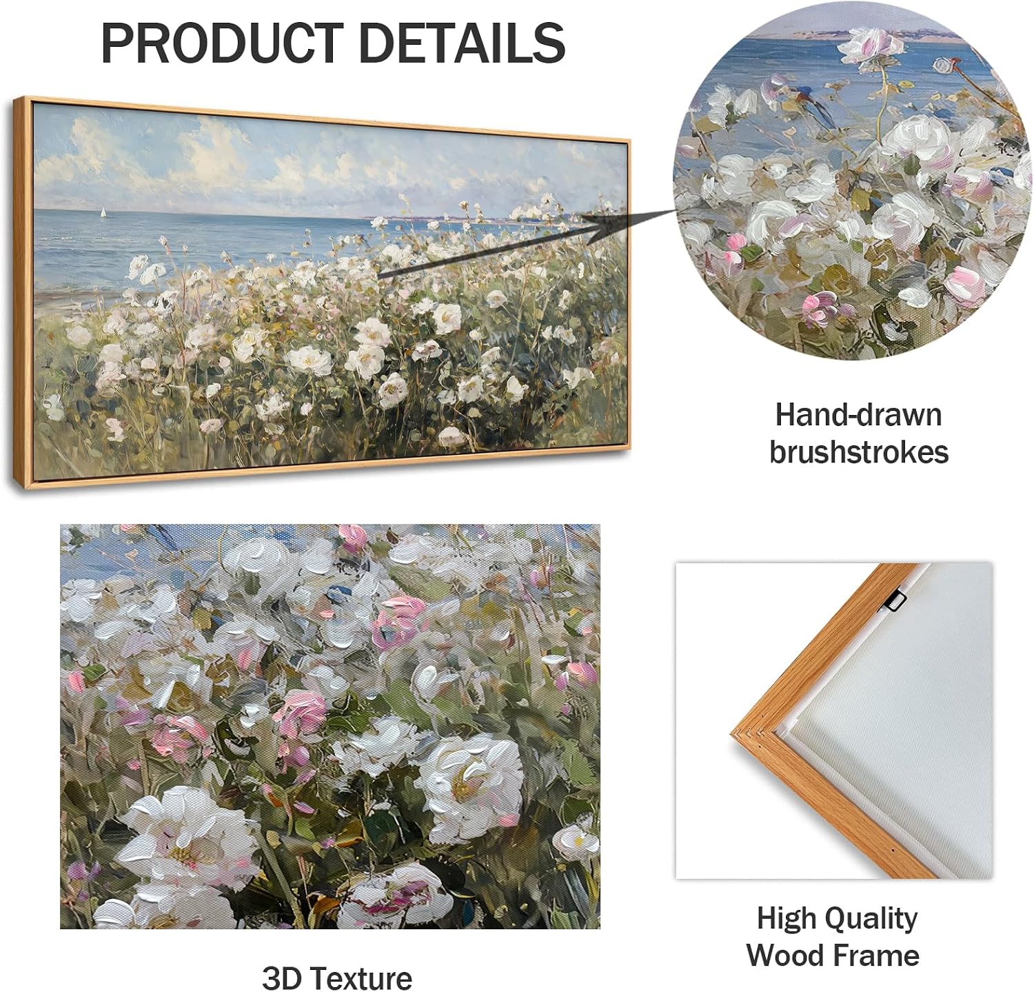 Large Framed Wall Art for Living Room Decor - Farmhouse Beach Coastal Painting Vintage Floral Ocean Wall Picture 3d Textured Flowers Canvas Print Artwork for Home Bedroom Office 24'x48'(Framed