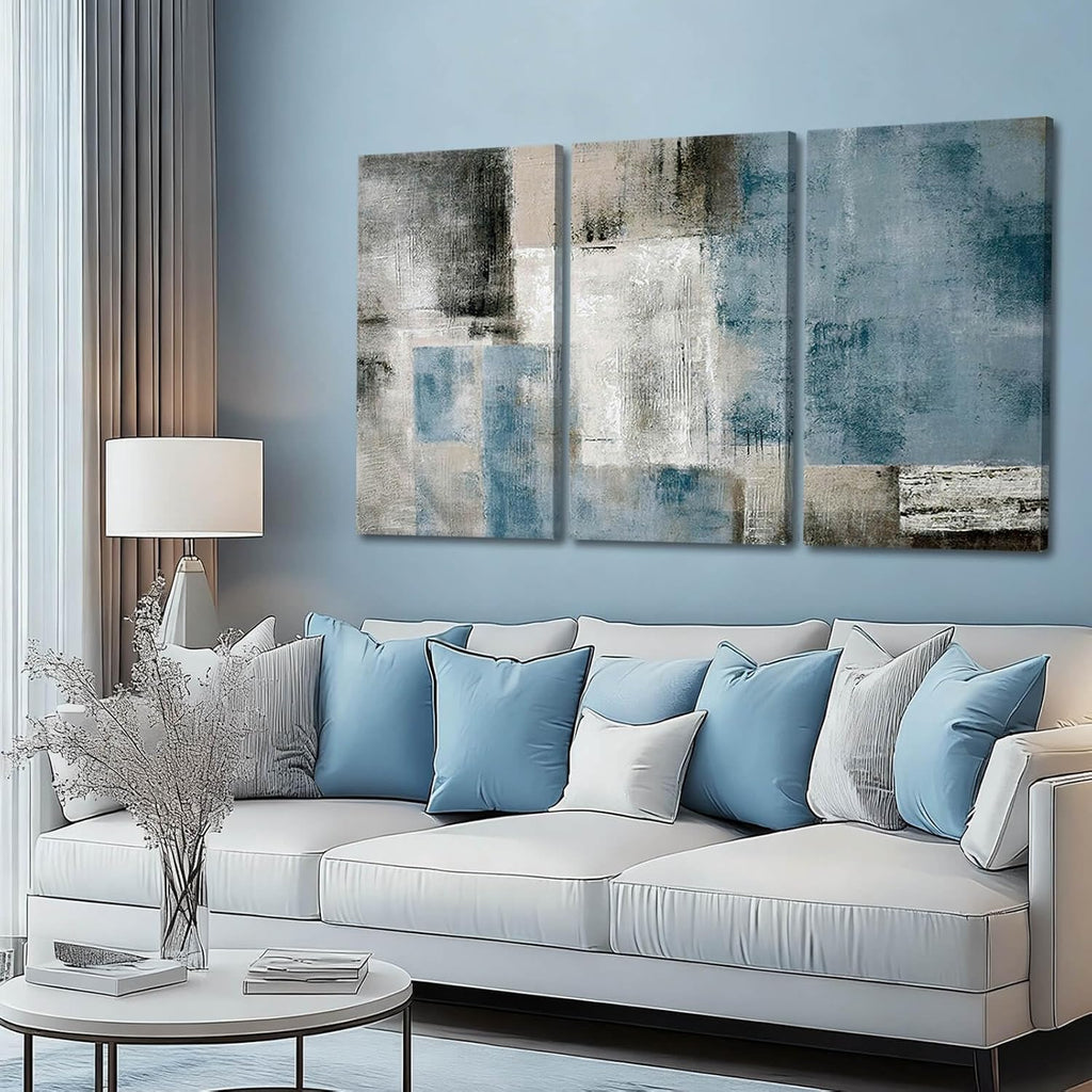 SDYA Blue Abstract Wall Art Set Of 3 Canvas,20x40 Inch Modern Blue Grey Minimalist Painting, Contemporary Wall Decor for Living Room Bedroom Office