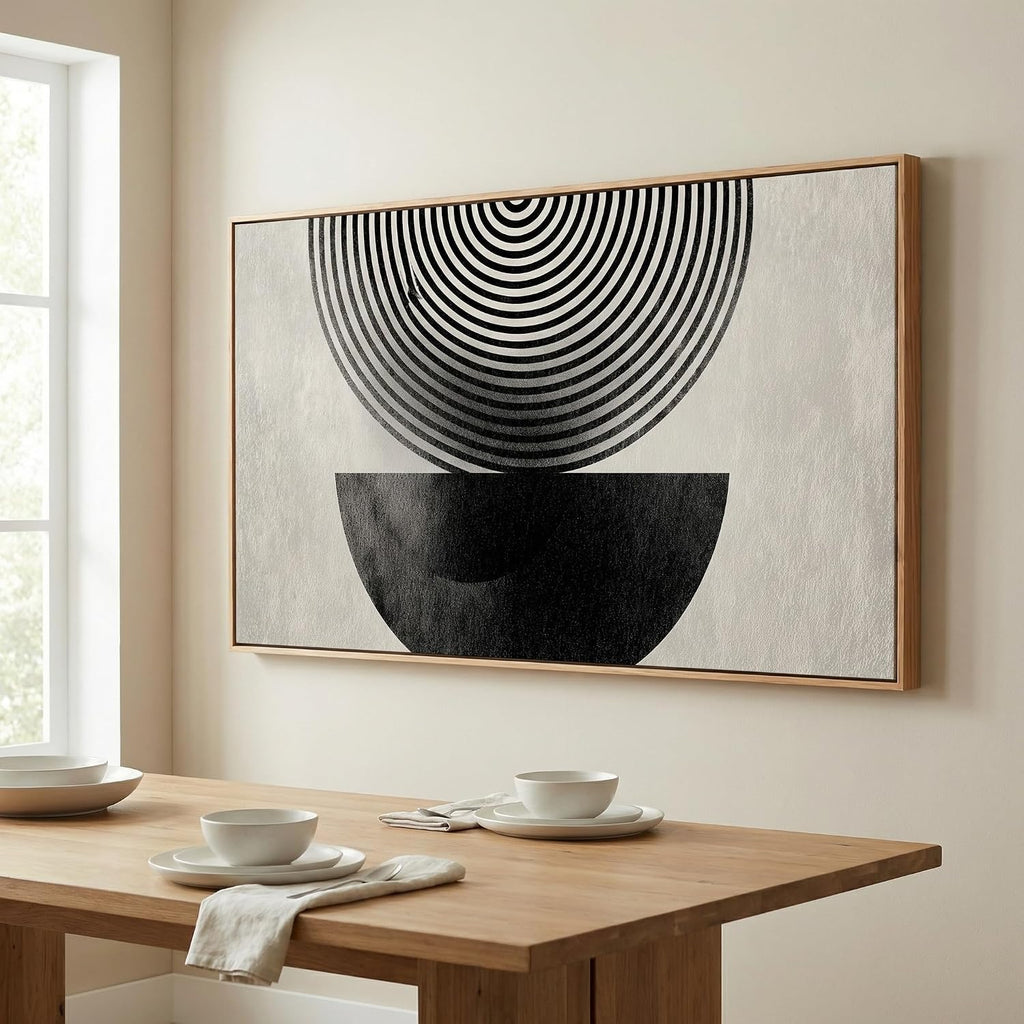 Abstract Geometric Wall Art, Black and White Concentric Circles Design, Modern Minimalist Neutral Framed Canvas Print Artwork Home Decor for Bedroom Living room 30 x 58 inch