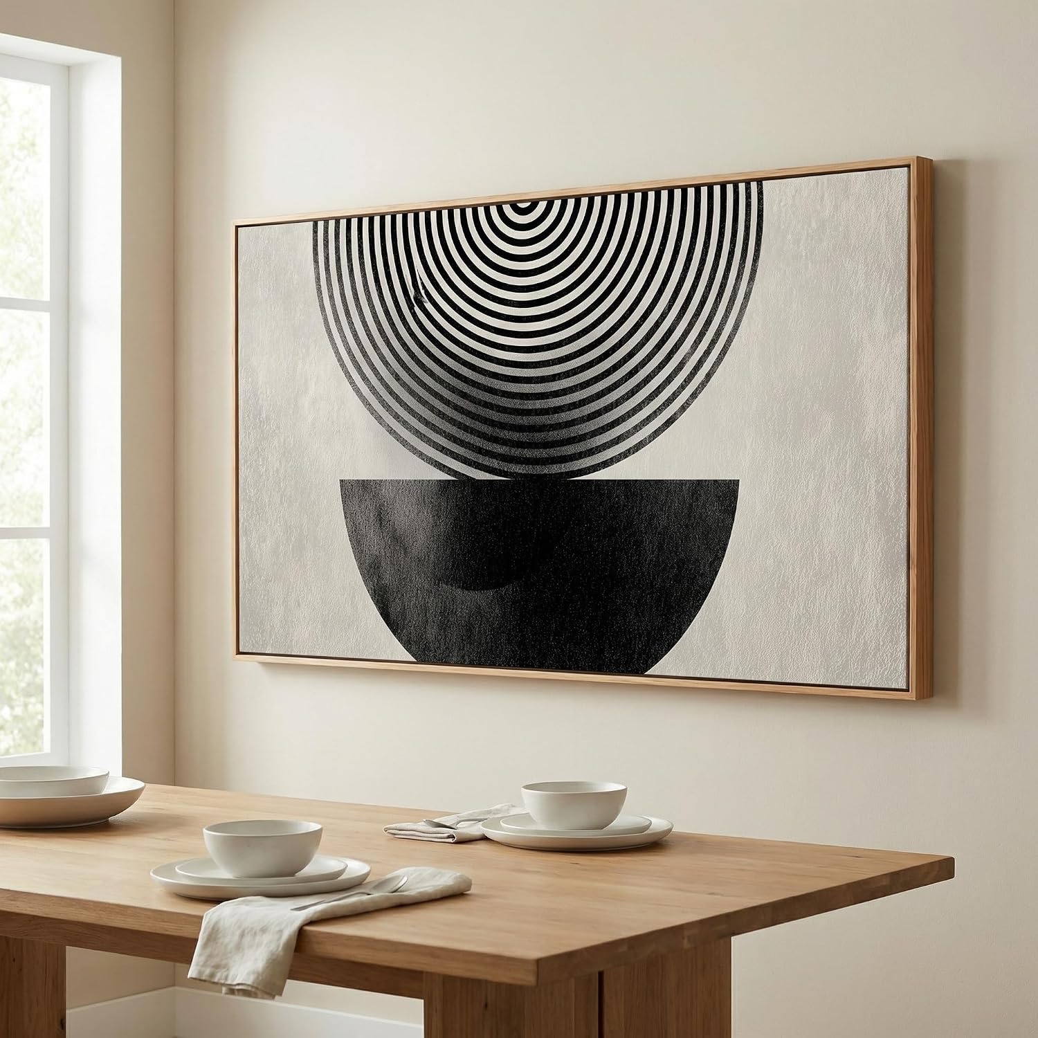 Abstract Geometric Wall Art, Black and White Concentric Circles Design, Modern Minimalist Neutral Framed Canvas Print Artwork Home Decor for Bedroom Living room 30 x 58 inch