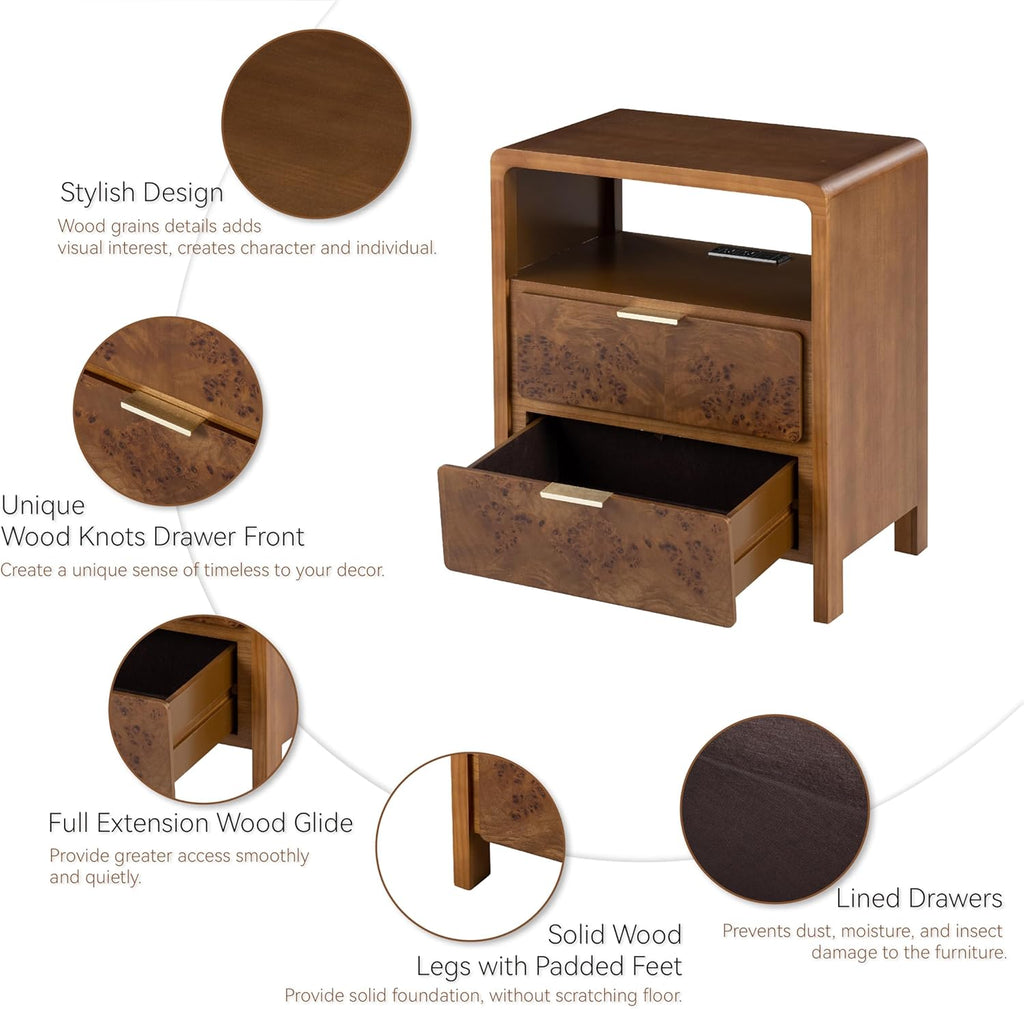 COZAYH Farmhouse Nightstand with Charging Station, Wood Side Table with Power Outlet and USB & Type C Ports, Burl Finish Bedside Table for Bedroom, Fully Assembled, Rustic, Brown