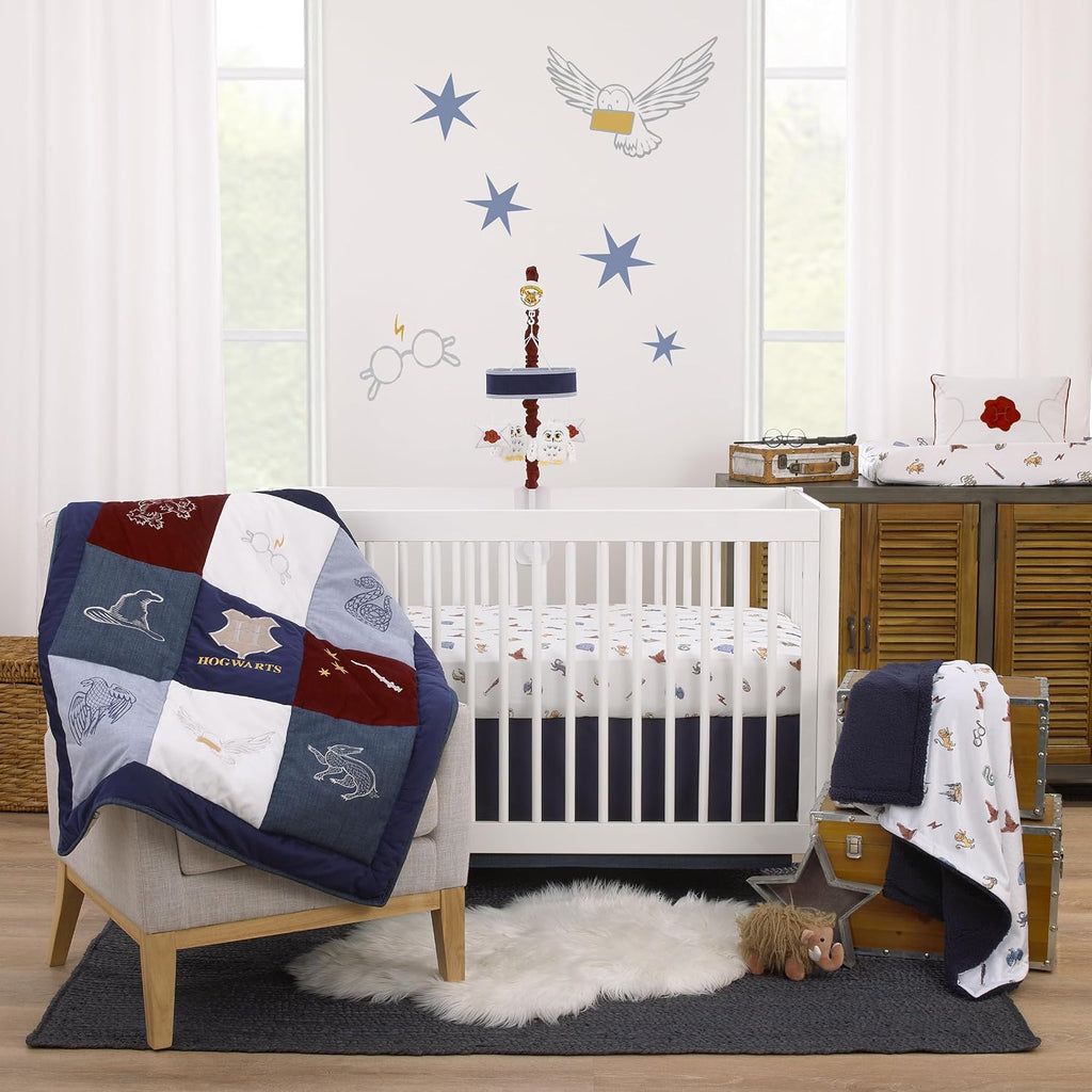 Warner Brothers Harry Potter Welcome Little Wizard Navy, Burgundy, Denim Blue and White, Appliqued 3 Piece Crib Bedding Set - Comforter, Fitted Crib Sheet, and Crib Skirt