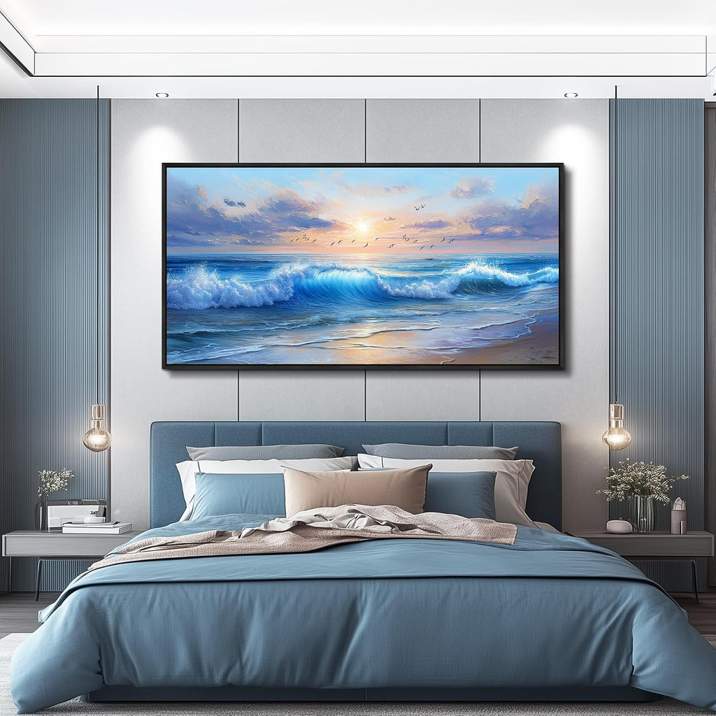 XIGUANGART Ocean Canvas Wall Art, Blue Sea Wave and Large Coastal Beach Paintings Sunset Seascape Pictures Framed Artwork Wall Decor for Living Room Bedroom Bathroom Kitchen Hallway Home Office