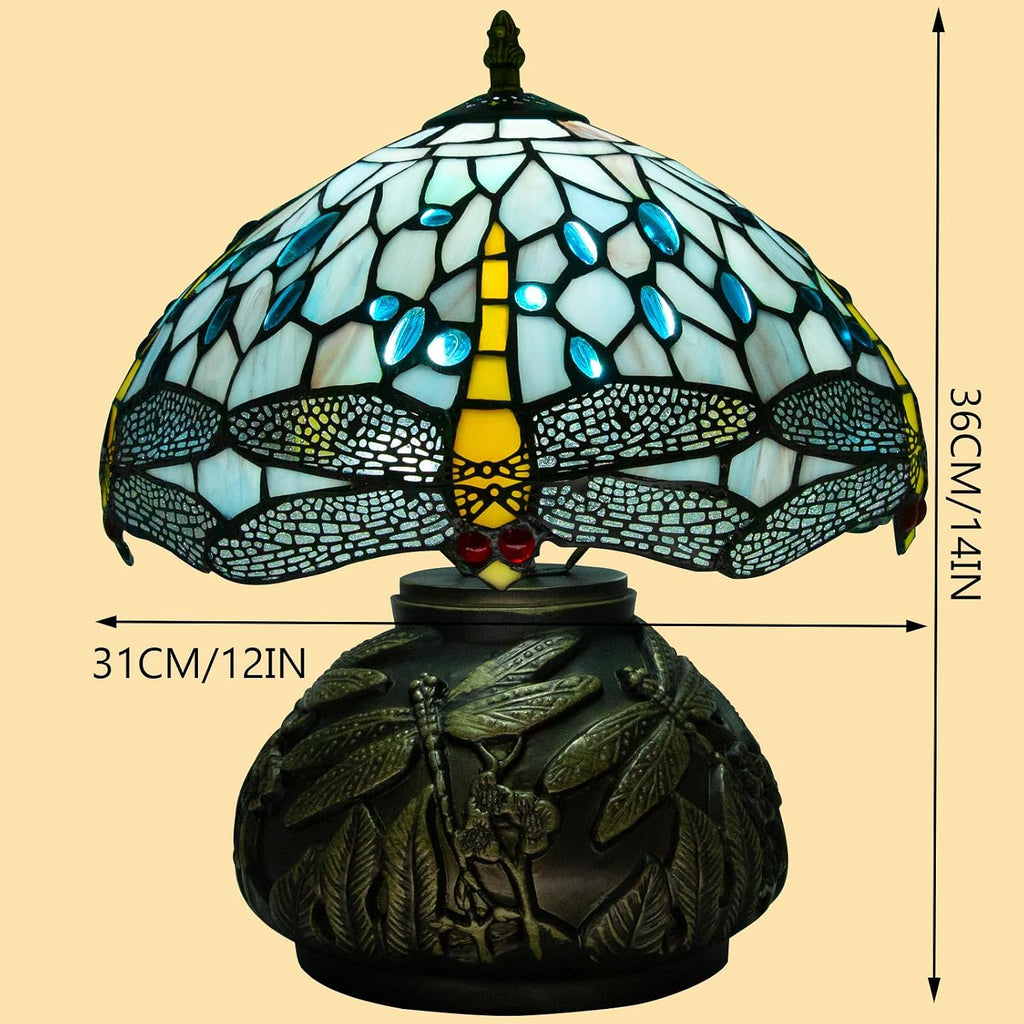 12 Inch Dragonfly Tiffany Lamp with Remote Control, Adjustable Brightness and Color Temperature, E26 Bulb, 9W, Ocean Blue Dragonfly Mushroom Stained Glass Bedside Lamp