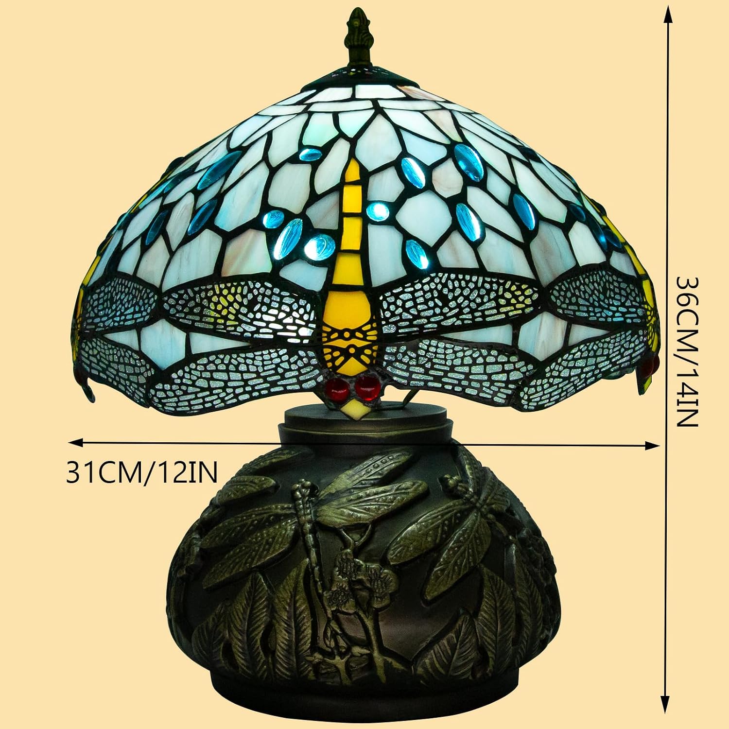 12 Inch Dragonfly Tiffany Lamp with Remote Control, Adjustable Brightness and Color Temperature, E26 Bulb, 9W, Ocean Blue Dragonfly Mushroom Stained Glass Bedside Lamp