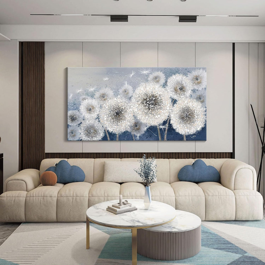 Pogusmavi Dandelion Wall Art for Living Room - Large Artwork for Wall, Blue Canvas Pictures Wall Decor, Modern Prints for Bedroom Wall Art 29×58IN