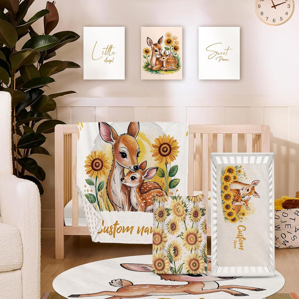 Personalized Crib Bedding Set for Baby Girls, Custom Name Baby Crib Sets 5-Pcs Include Toddler Double Layer Blanket Fitted Sheet Changing Pad Cover Rug Wall Art Set, Sika Deer Pattern Nursery Décor
