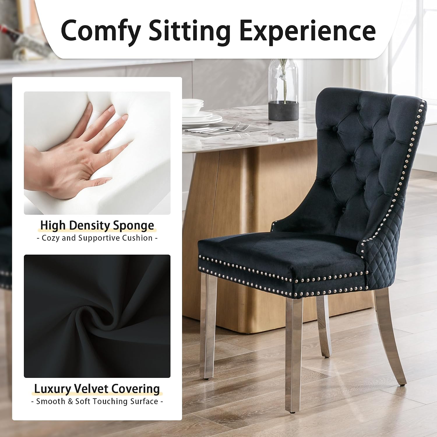 Velvet Dining Chairs Set of 6, Upholstered Dining Room Chairs, Mid-Century Modern Chairs with Diamond Lattice Tufted Back, Lion Pull Ring Rivet Trim, Silver Metal Legs for Kitchen, Black