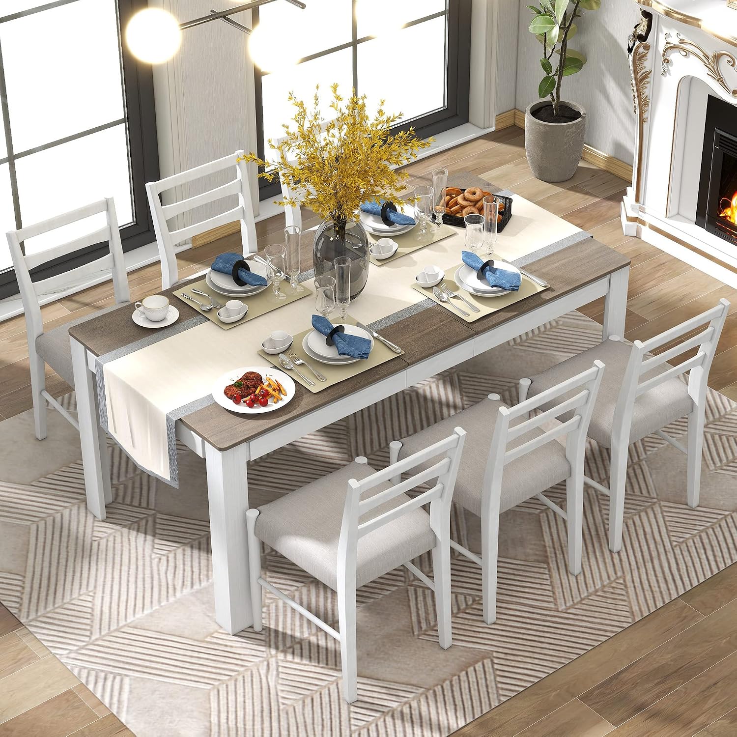 Farmhouse 7-Piece Kitchen Dining Table Set, Solid Wood Rectangle Extendable Table with 12' Leaf and 2 Drawers, 6 Dining Chairs with Soft Cushion, Dining Table Set for 6 Persons (Brown+White FR)