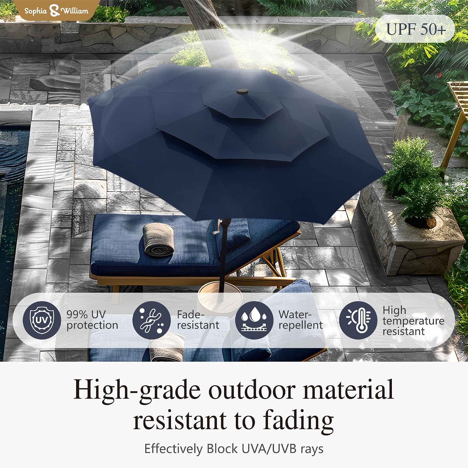 Sophia & William 10ft Patio Umbrellas 3-Tier Umbrella Outdoor Patio Umbrellas with Lights Vented Top 24 LED lights Adjustable Tilt for Pool Garden Backyard, Navy