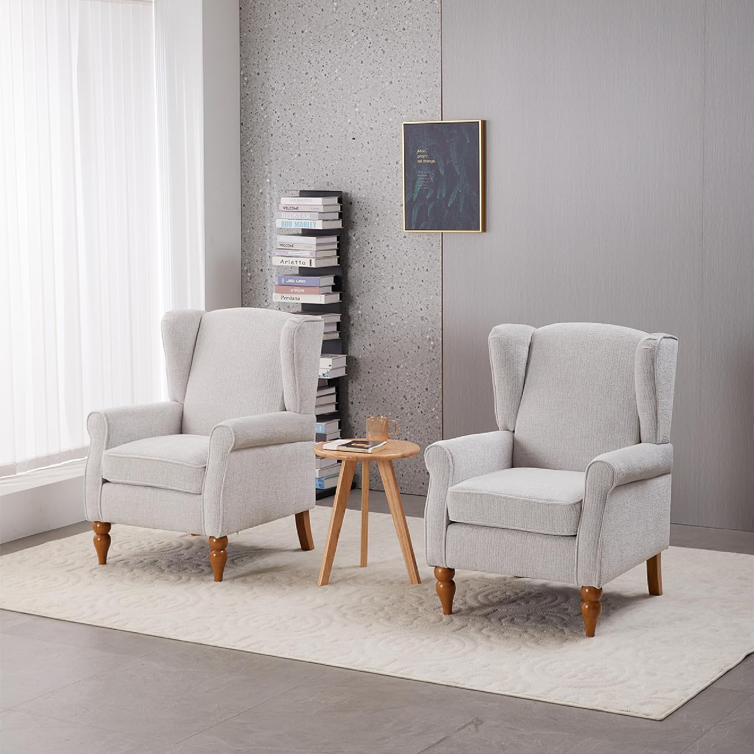 Mid-Century High Wingback Chair Set of 3,Modern Fabric Accent Chair Armchair with Solid Wood Coffee Table,Leisure Single Sofa Chair for Living Room,Club,Home Reception,Beige