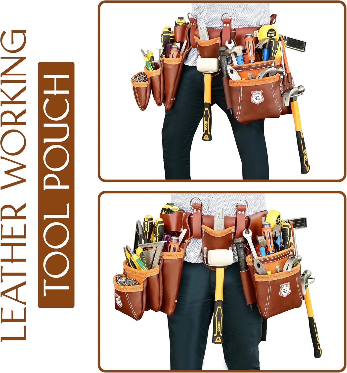 Heavy Duty 17 Pocket Carpenter Leather Tool Belt Set | Combo Multipurpose Framing Tool Belt Work Organizer Bags | Tool Belts For Men Construction Tools Rigs (Maroon, Standard)