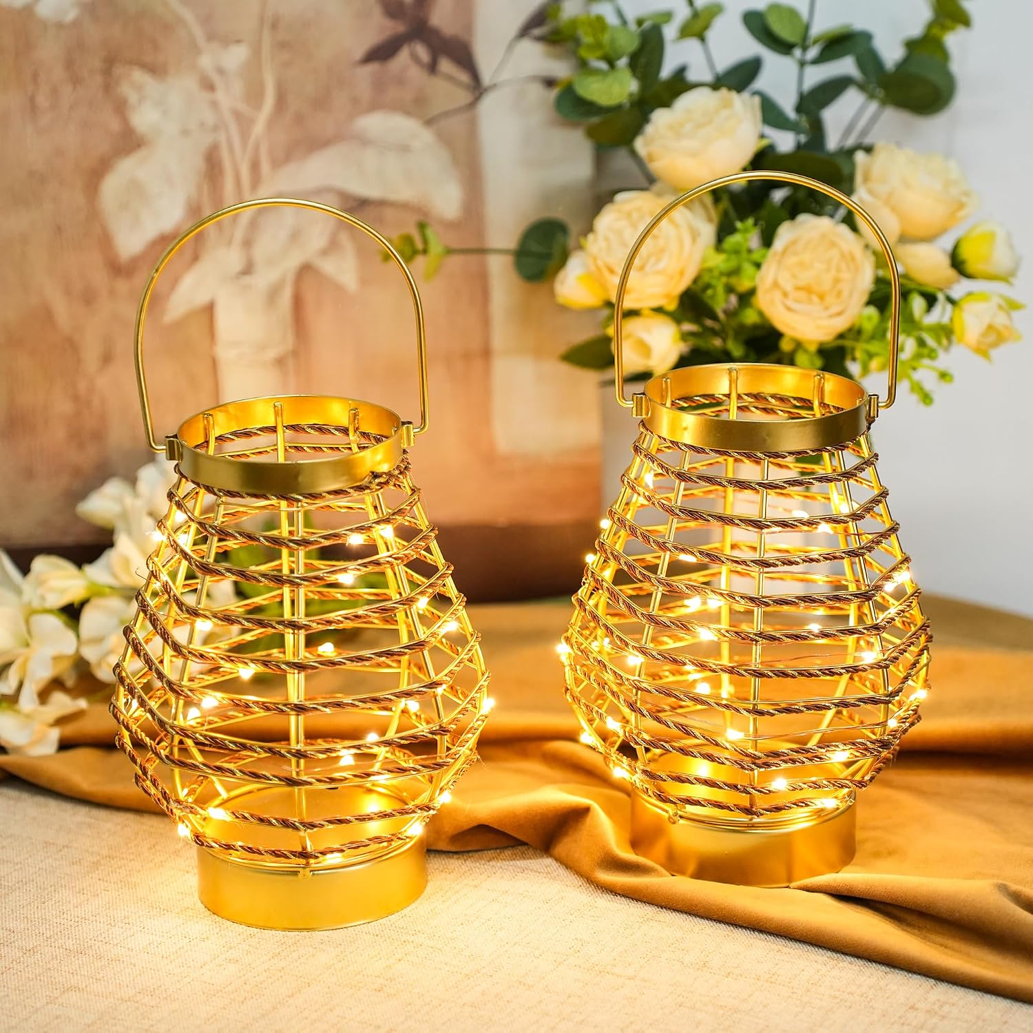 Set of 12 Metal Cordless Table Lamp 8 'H Metal Cage LED Cage Lamp with 6-Hour Timer, Vintage Decorative Fairy Lights Lantern for Indoor/Outdoor Bedrooms Weddings Parties Patio Events
