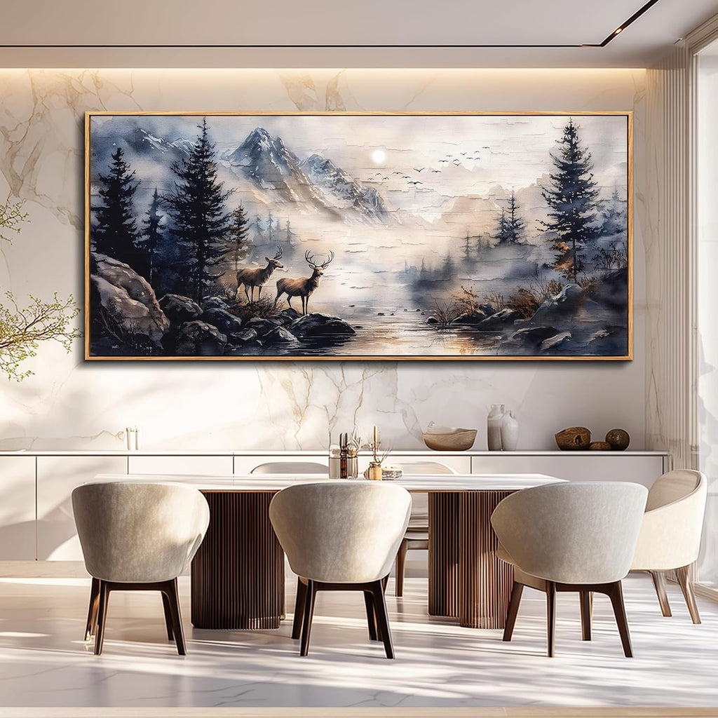 ERQINHUA Modern Abstraction Ink Painting Elk Forest landscape Large Canvas Wooden Frame Wall Art For Bedroom Wall Decor For Living Room Restaurant Office Printed Art Home Decor Ready To Hang32 X72