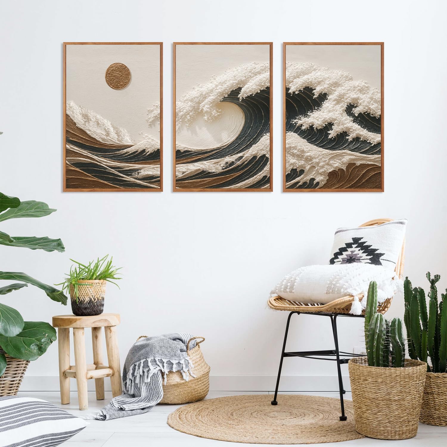 HLNIUC Great Wave Sunset Framed Canvas Wall Art,Abstract Sun Seascape Art Decor Set of 3(24'x36') Modern Ocean Beach Art Print,Large Sea Wave Pictures Framed Wall Painting for Living Room,Bedroom