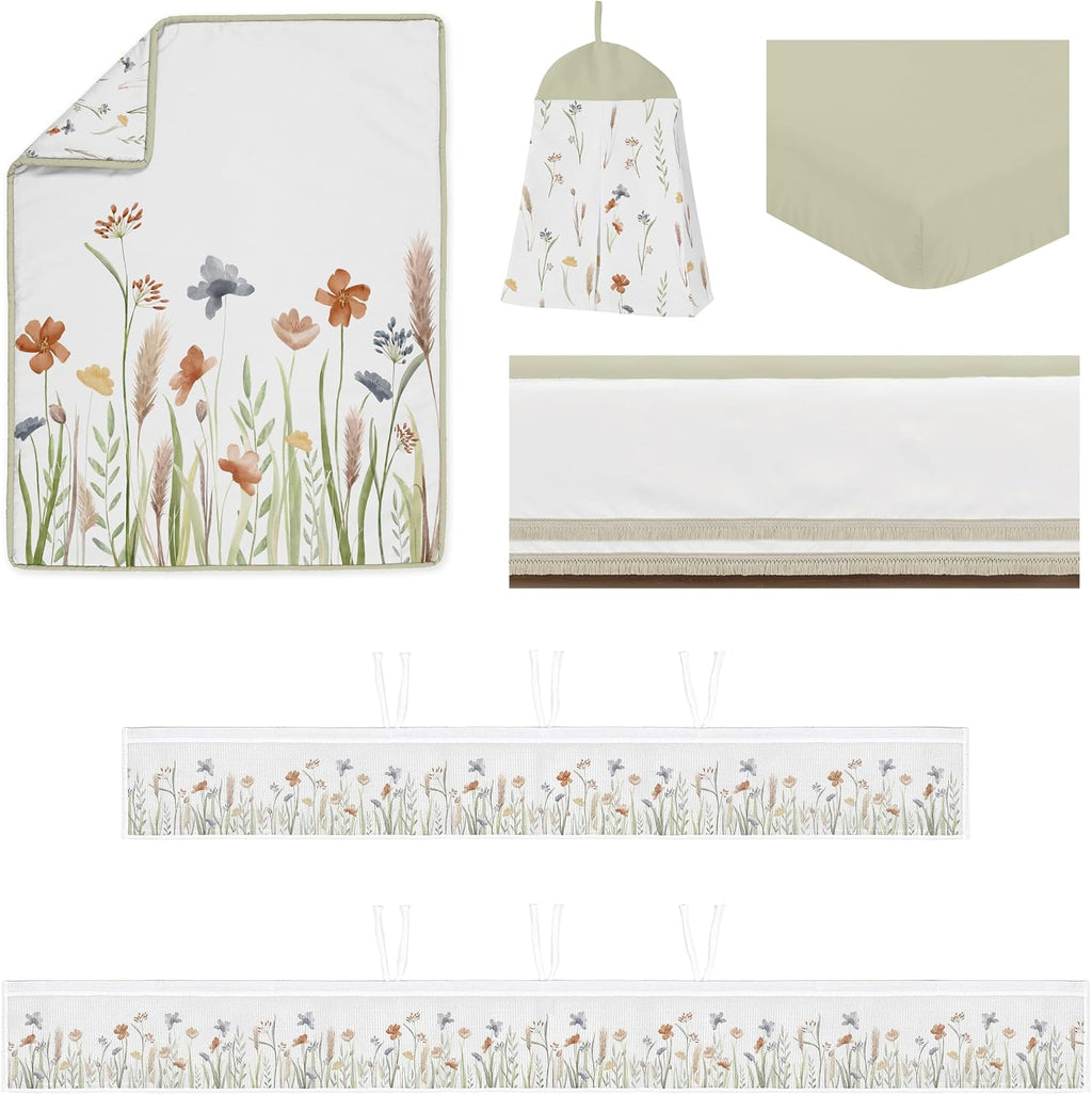 Sweet Jojo Designs Boho Floral Garden Flower Girl Baby Crib Bedding Set Infant Nursery Room BreathableBaby Breathable Mesh Crib Liner Blanket Fitted Sheet Skirt 6p Green Watercolor Bohemian Farmhouse