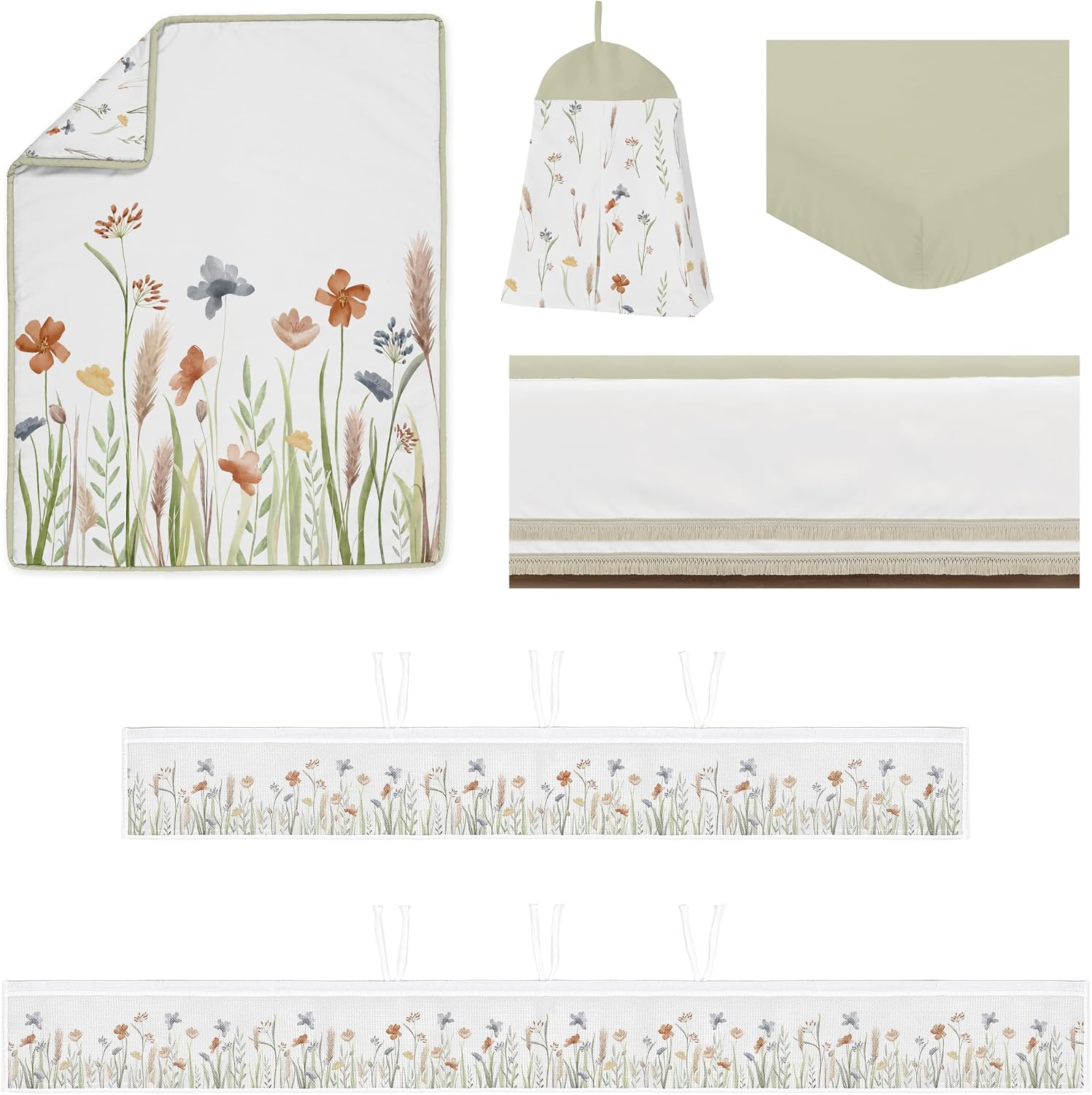 Sweet Jojo Designs Boho Floral Garden Flower Girl Baby Crib Bedding Set Infant Nursery Room BreathableBaby Breathable Mesh Crib Liner Blanket Fitted Sheet Skirt 6p Green Watercolor Bohemian Farmhouse
