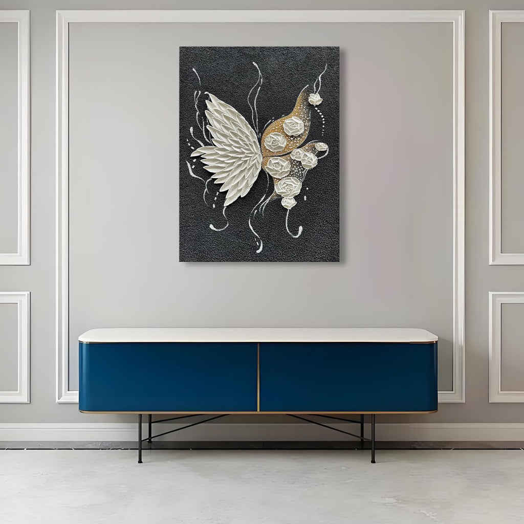 Hand Painted White Butterfly and White Flower Art Painting Modern Black and White Abstract Wall Art Decoration 40x28 Inches