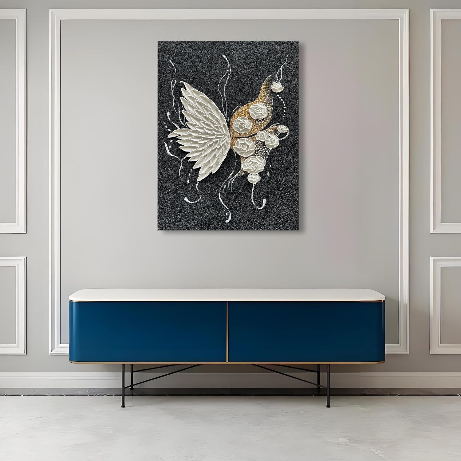 Hand Painted White Butterfly and White Flower Art Painting Modern Black and White Abstract Wall Art Decoration 40x28 Inches