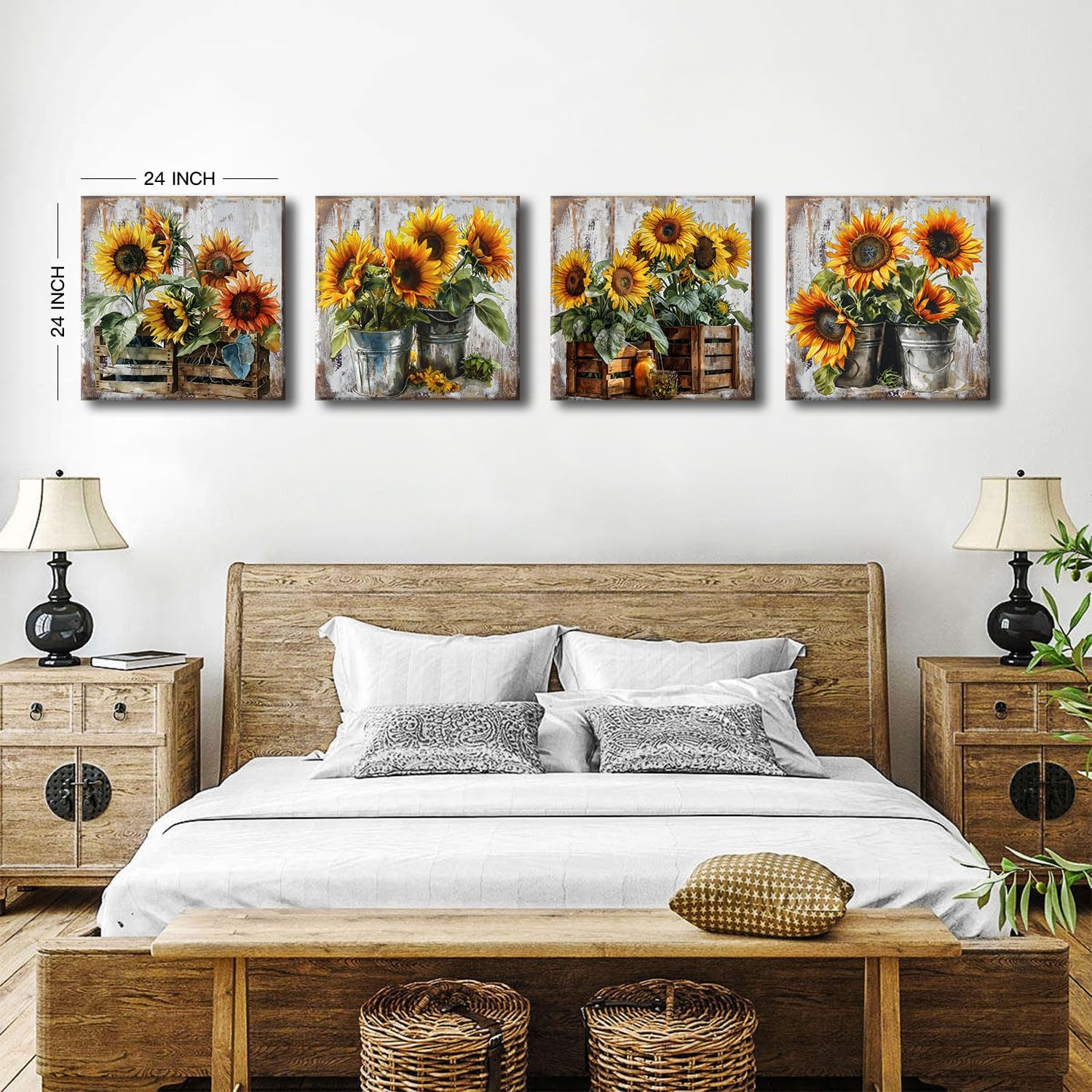 Rustic Sunflower Canvas Wall Art Farmhouse Kitchen Wall Decor Dining Room Picture Vintage Bouquet Posters Prints for Wall Paintings Sunshine Floral Artwork Autumn Home Decorations 24x24' 4Pcs/Set