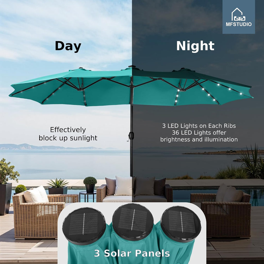 MFSTUDIO 15ft Double Sided Patio Umbrella with Solar Lights, Outdoor Large Umbrellas with Crank Handle and 36 LED Lights, Rectangular Market Umbrella with Base Included for Deck Pool Shade, Turquoise