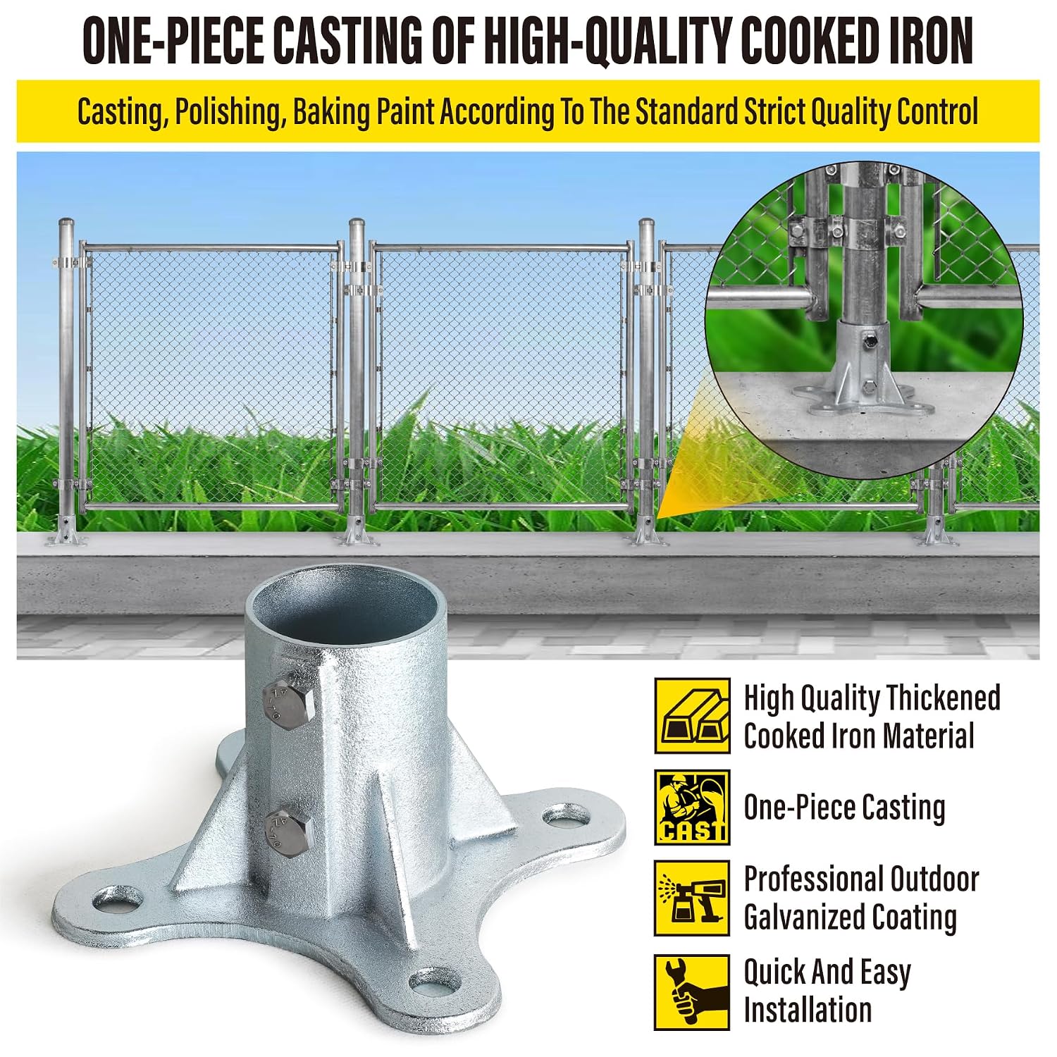 Post 2.5' (2 3/8' OD) Chain Link Fence Post Floor Flange Bracket, for Chain Link Fence Posts, Mailboxes, and Other Steel Round Post Galvanized Anchor Flange Bases (4 Pack)