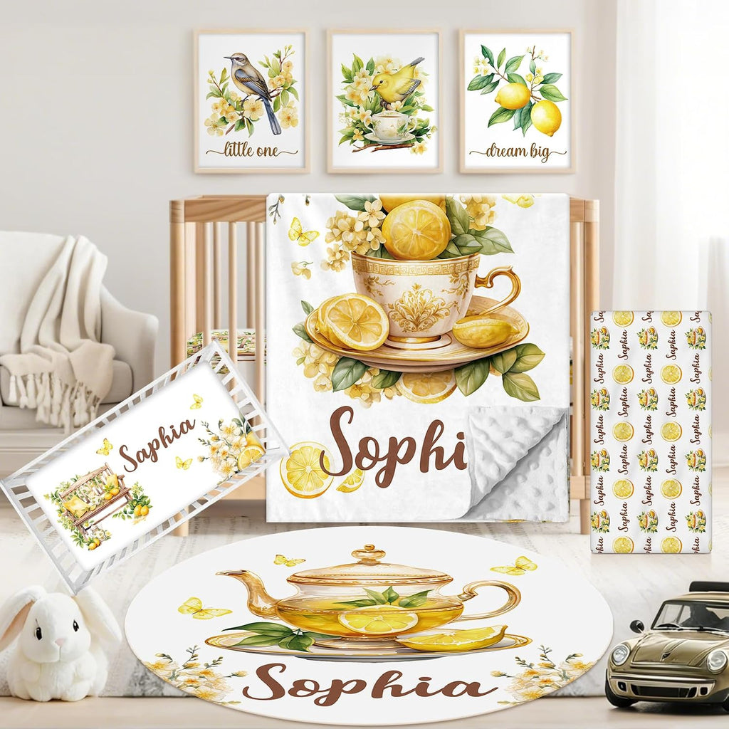 Personalized Baby Crib Bedding Set, 5 Pcs Custom Name Nursery Bedding Set for Girls Boys, Lemon Bird Baby Crib Set for Toddlers Infants, Double Layer Bedding Crib Sets Customized Gifts