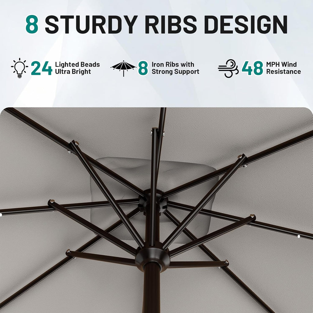 AreShark 8' X 10' Rectangular Patio Umbrella with Solar Lights, Lighted Solar Umbrella with Crank, Outdoor Table Umbrella for Garden, Deck, Backyard, Pool and Beach, Light Gray