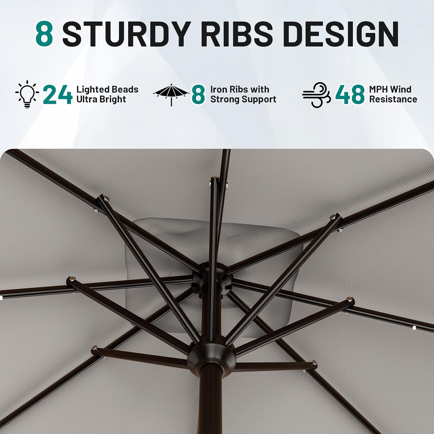 AreShark 8' X 10' Rectangular Patio Umbrella with Solar Lights, Lighted Solar Umbrella with Crank, Outdoor Table Umbrella for Garden, Deck, Backyard, Pool and Beach, Light Gray