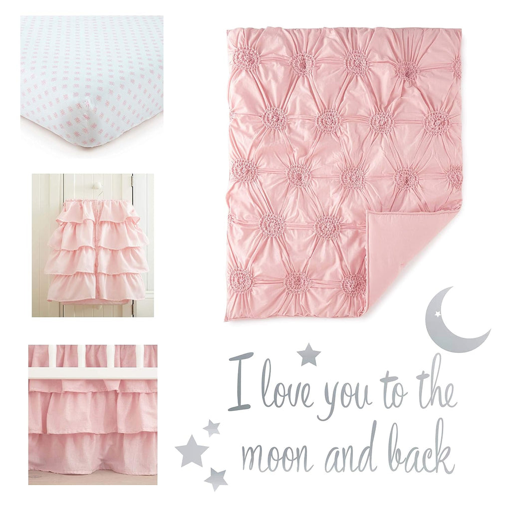 Levtex Baby - Willow Crib Bed Set - Baby Nursery Set - Pink - Soft Rosette Pintuck - 5 Piece Set Includes Quilt, Fitted Sheet, Diaper Stacker, Wall Decal & Crib Skirt/Dust Ruffle