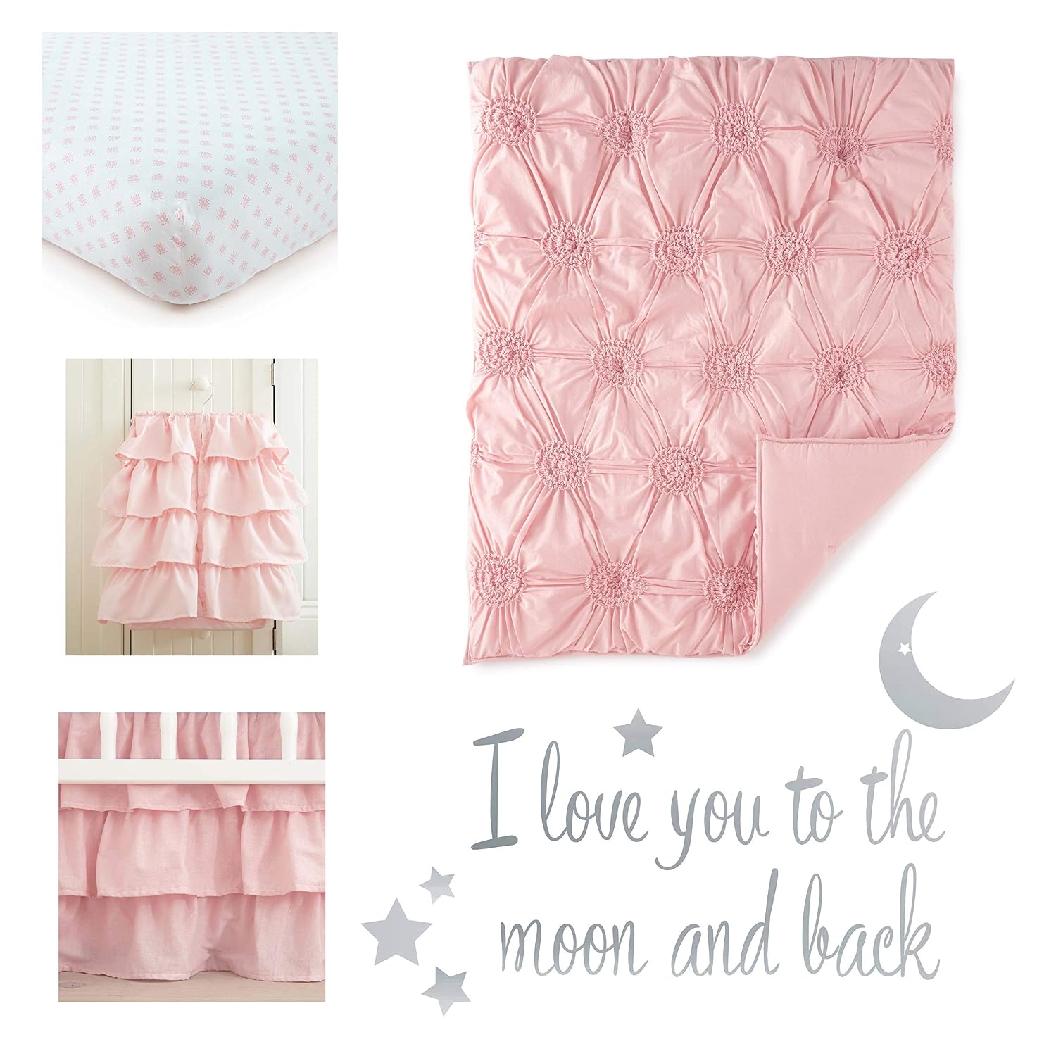Levtex Baby - Willow Crib Bed Set - Baby Nursery Set - Pink - Soft Rosette Pintuck - 5 Piece Set Includes Quilt, Fitted Sheet, Diaper Stacker, Wall Decal & Crib Skirt/Dust Ruffle